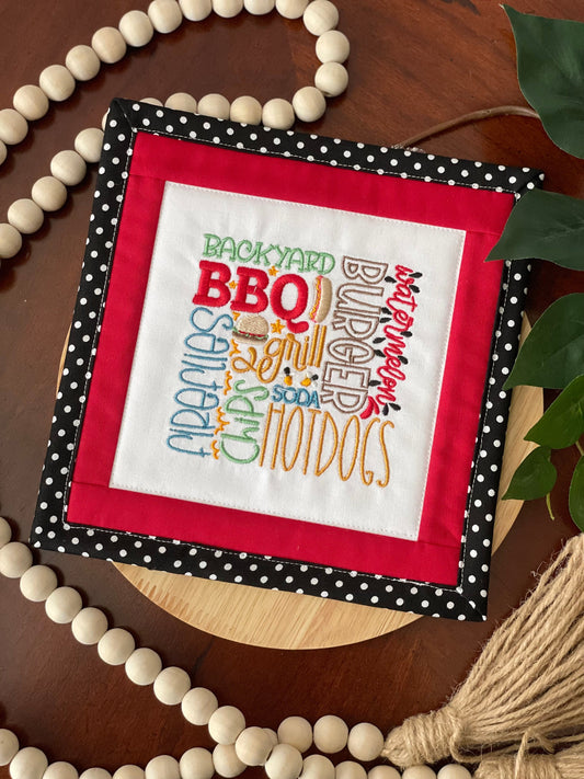 Handmade Summer BBQ Mini Quilt - Backyard Table Runner, Tier Tray, Burgers & Hotdogs Decor