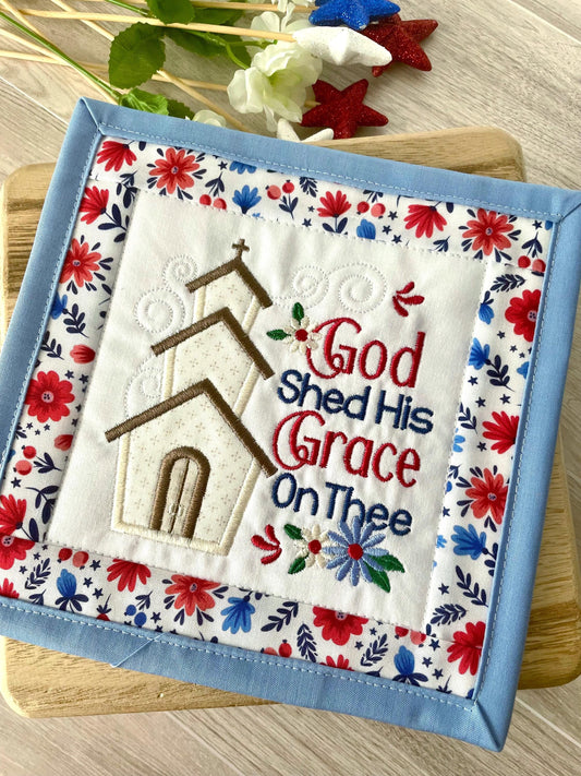 Patriotic Mini Quilt Wall Hanging | Appliqué Church, Red White Blue Americana Decor