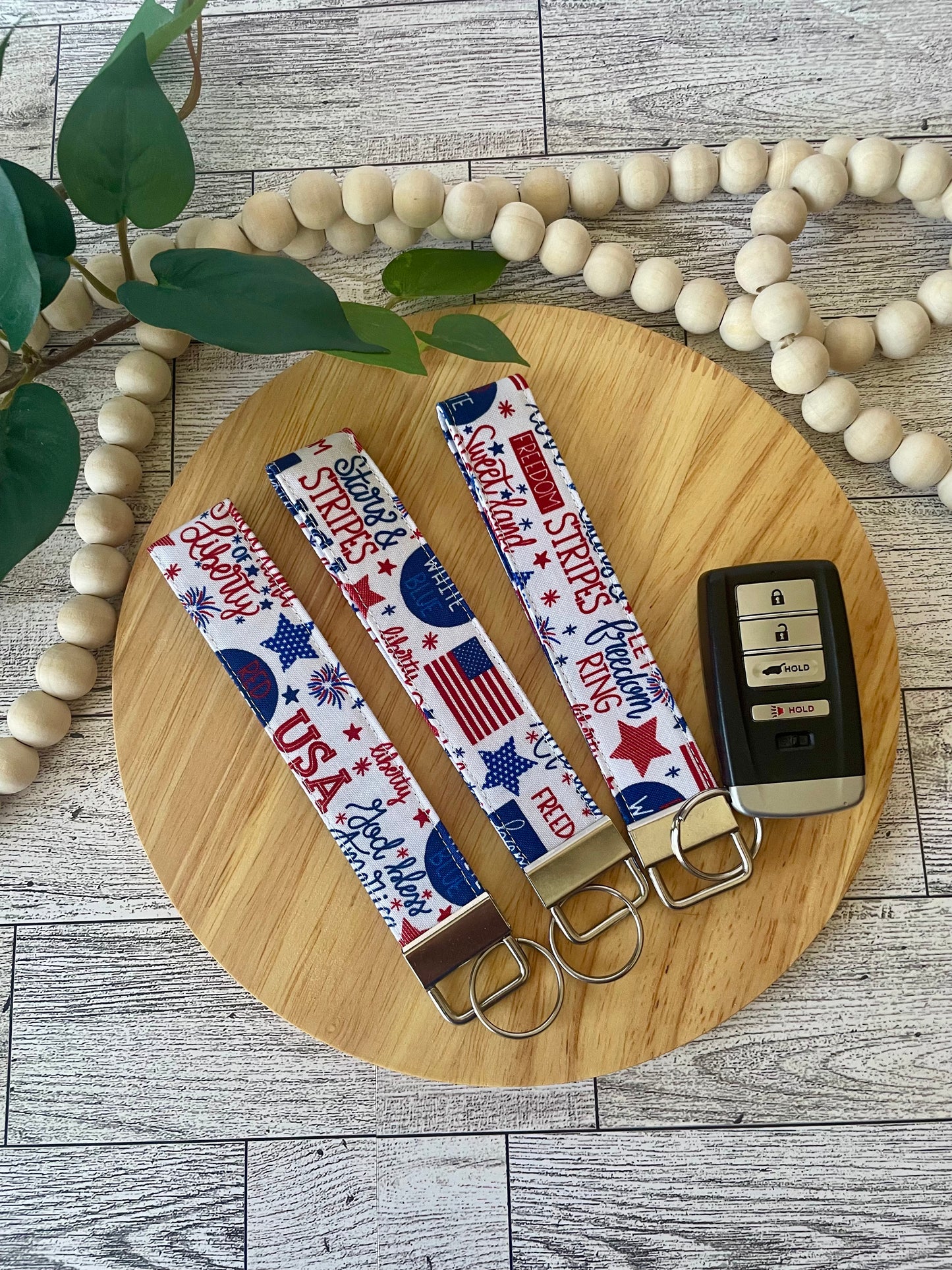 Patriotic Fabric Wristlet Keychain | Red White Blue Americana Key Fob