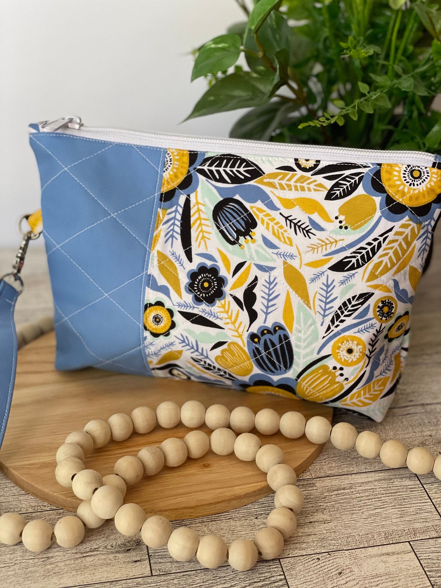 Black Gold Blue Floral Zippered Bag for Small Crochet Projects and Accessories