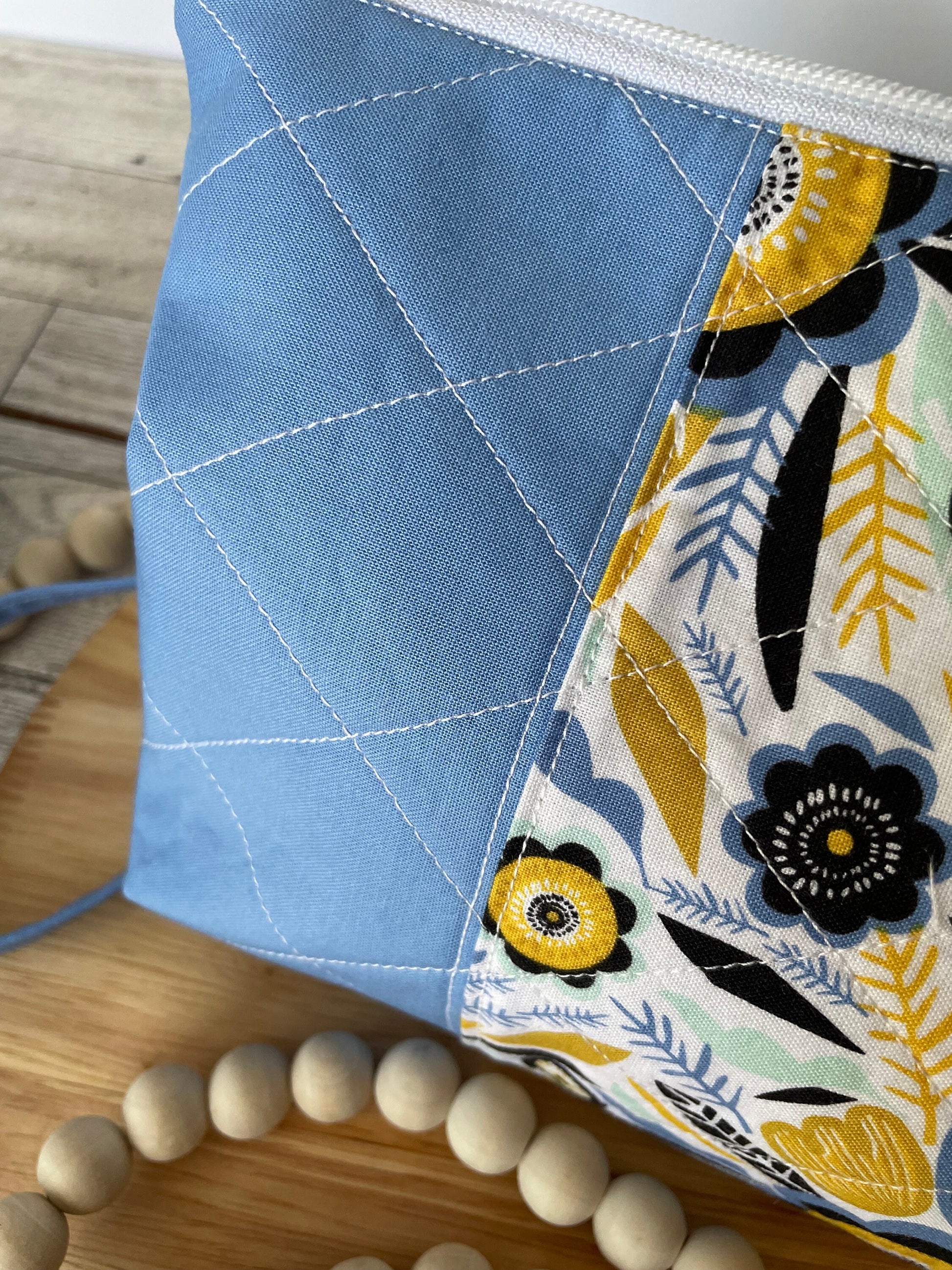 Black Gold Blue Floral Zippered Bag for Small Crochet Projects and Accessories