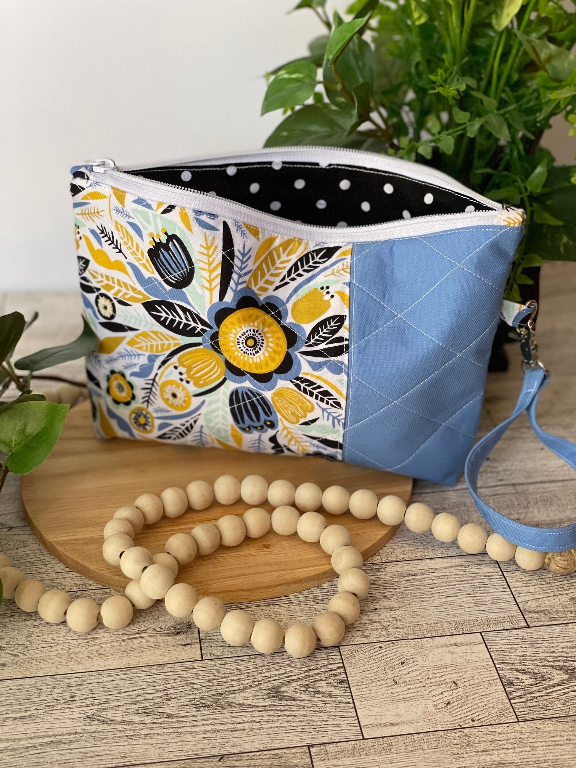 Black Gold Blue Floral Zippered Bag for Small Crochet Projects and Accessories