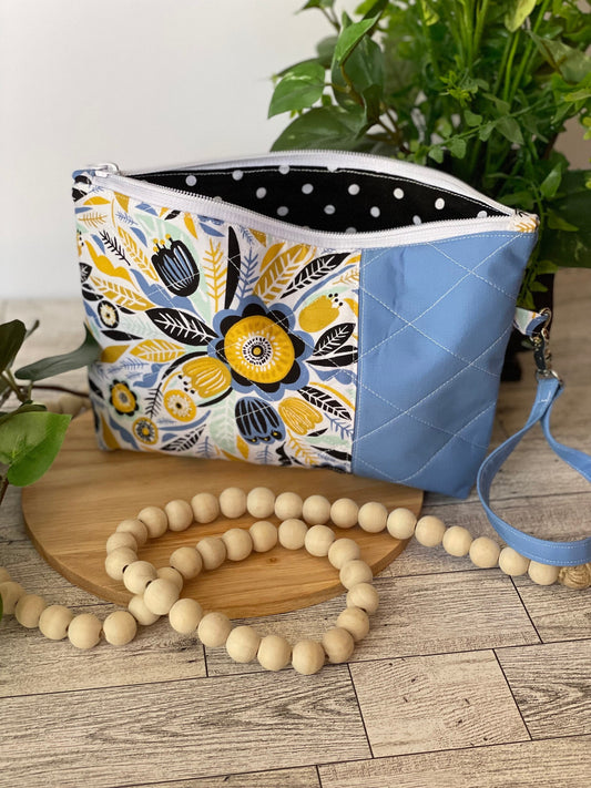 Black Gold Blue Floral Zippered Bag for Small Crochet Projects and Accessories