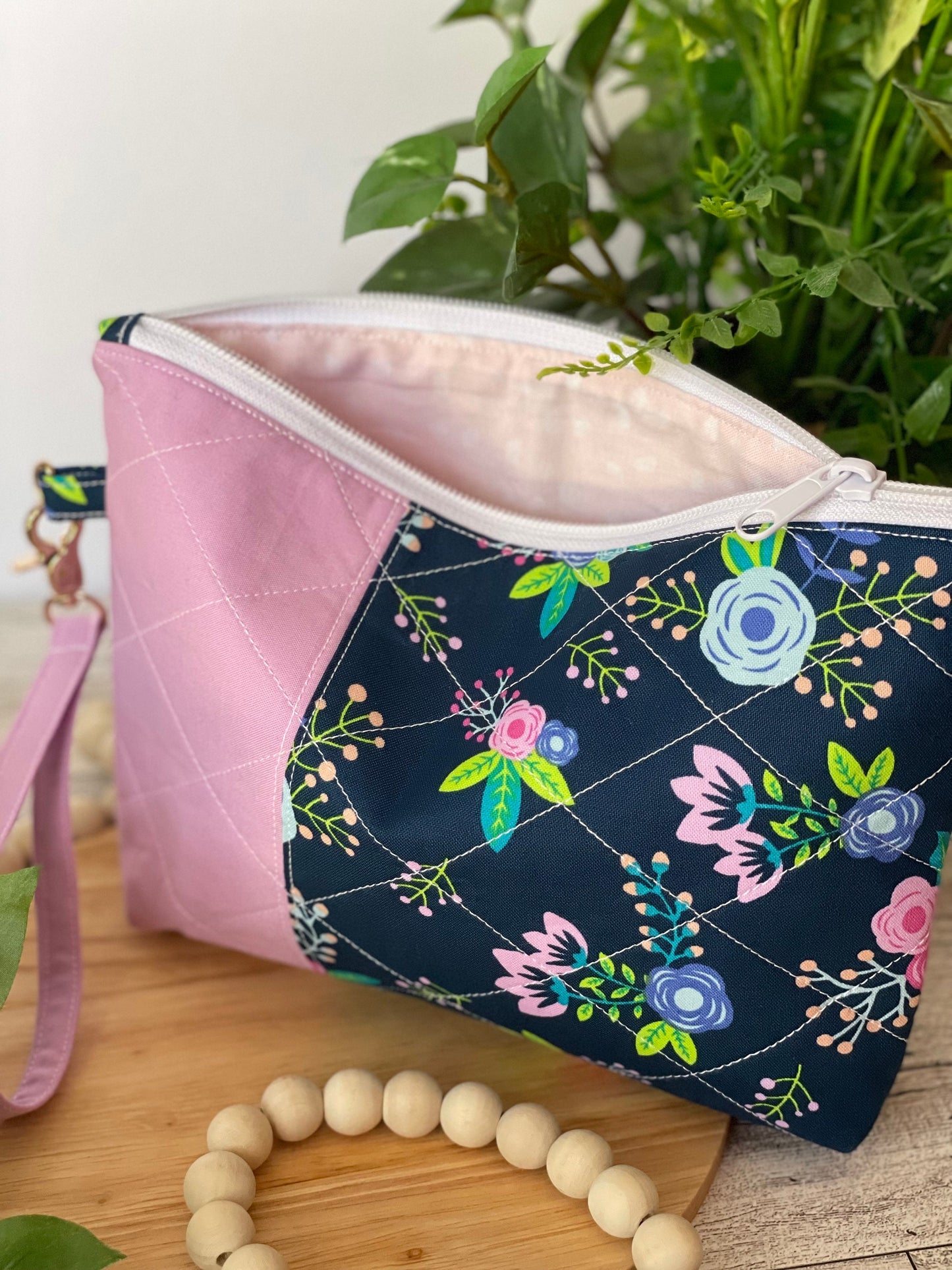 Navy Pink Floral Zippered Bag for Crochet, Notion, Accessories, Cosmetics, and More