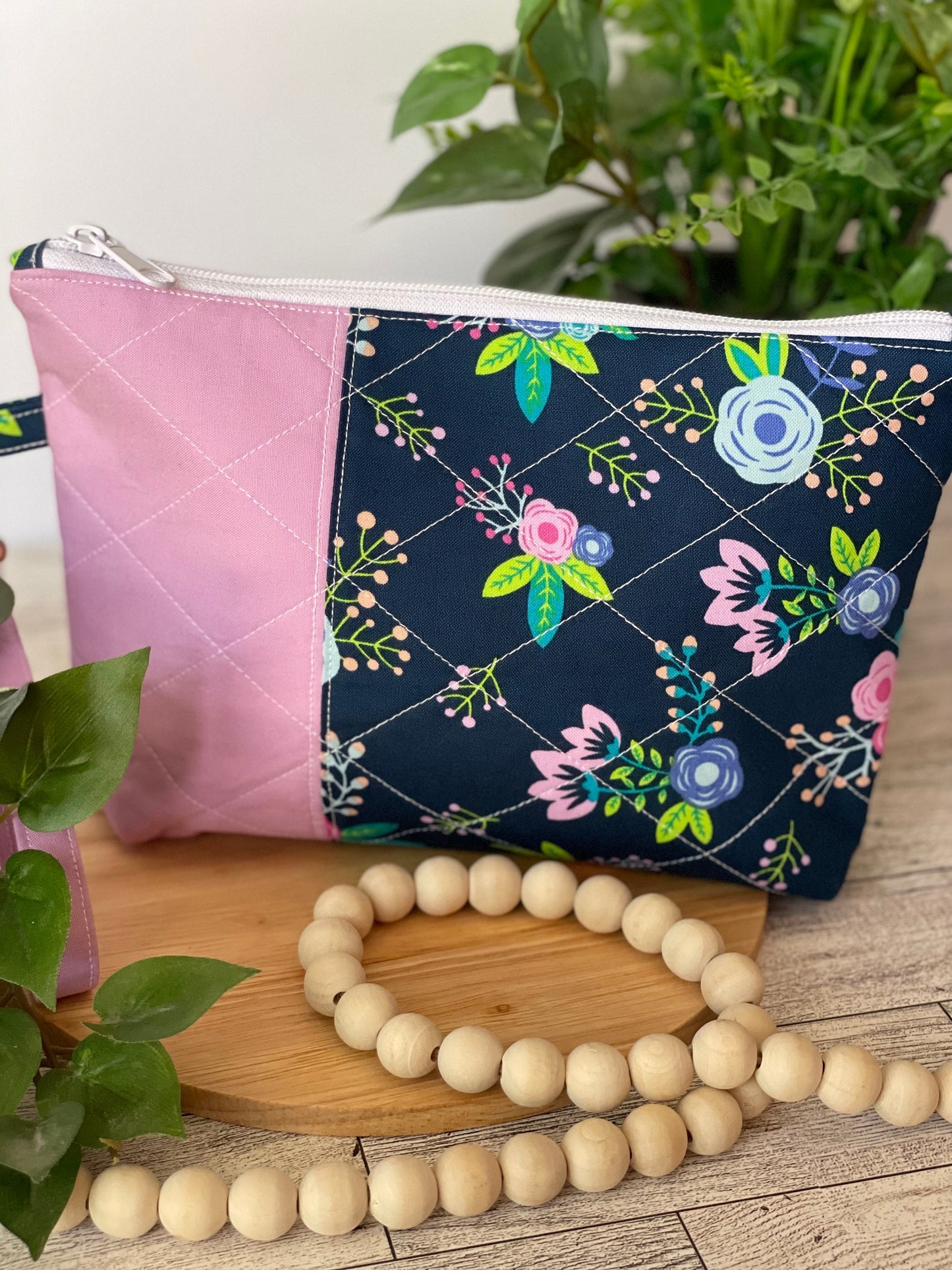 Navy Pink Floral Zippered Bag for Crochet, Notion, Accessories, Cosmetics, and More