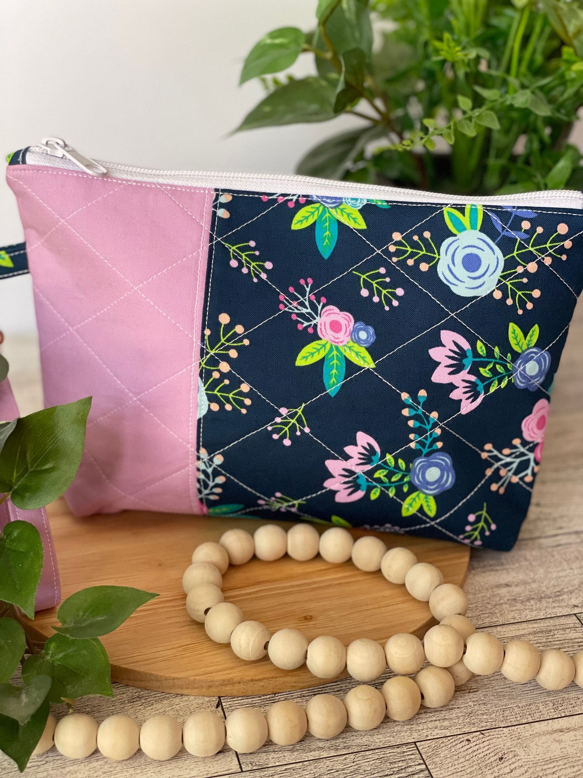 Navy Pink Floral Zippered Bag for Crochet, Notion, Accessories, Cosmetics, and More