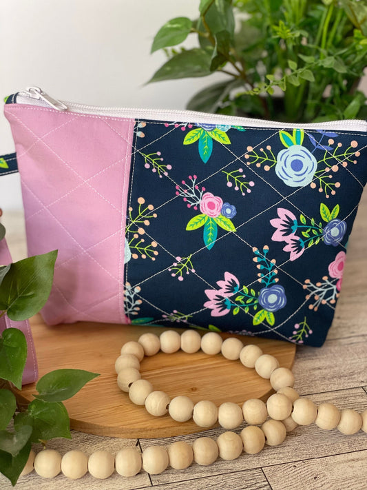 Navy Pink Floral Zippered Bag for Crochet, Notion, Accessories, Cosmetics, and More