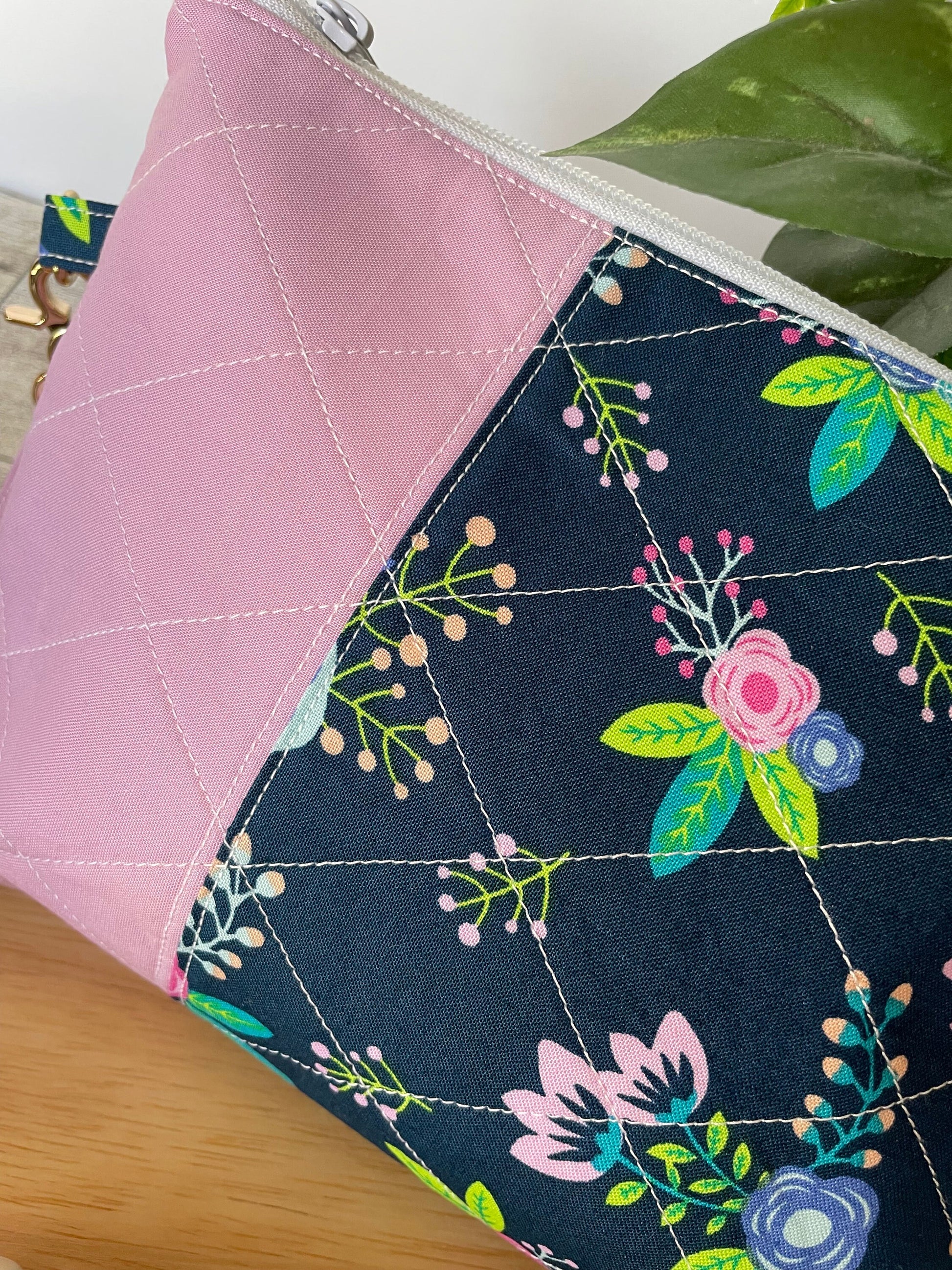 Navy Pink Floral Zippered Bag for Crochet, Notion, Accessories, Cosmetics, and More