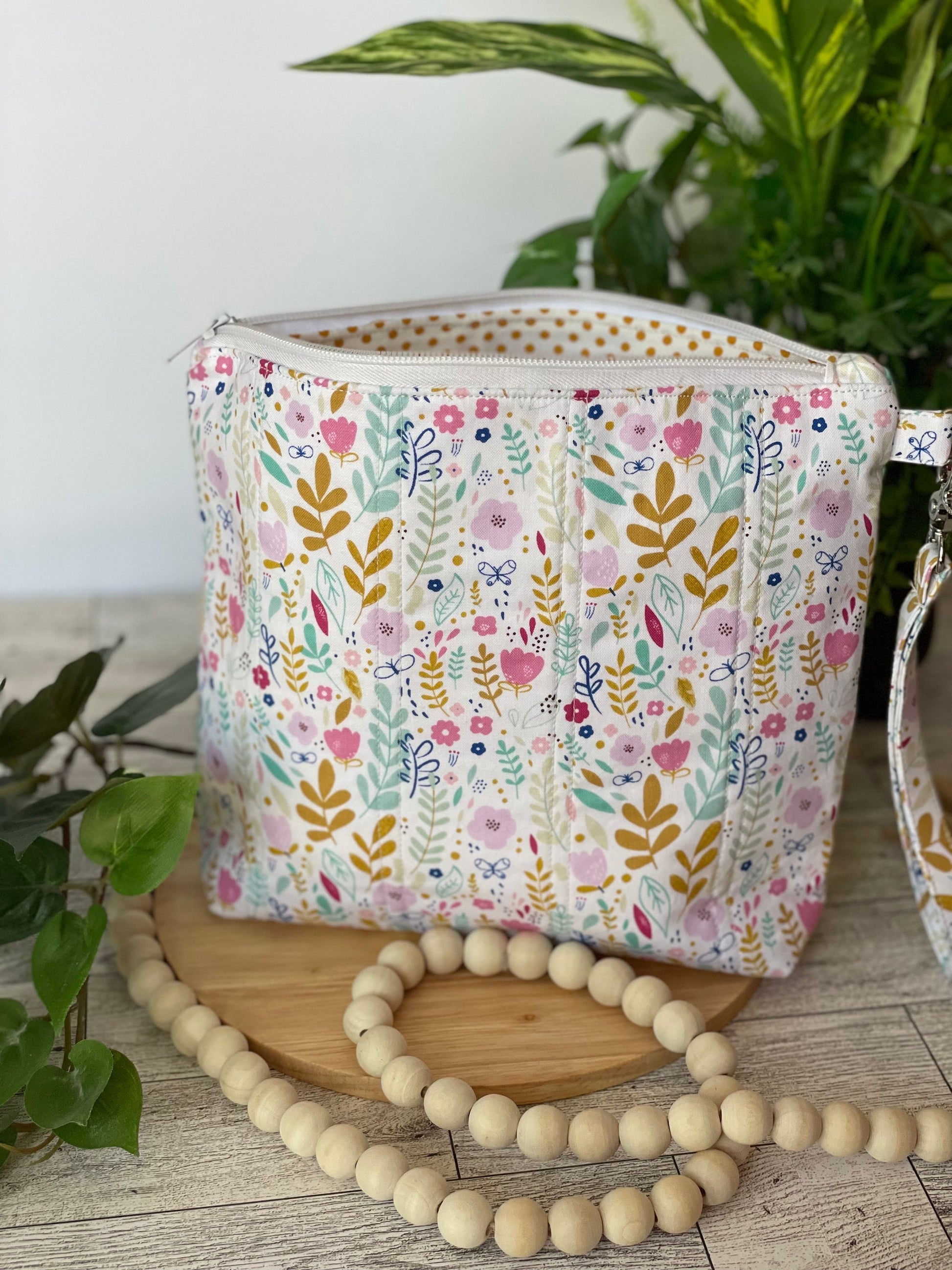 Spring Quilted Floral Zippered Bag for Small Projects, Notions, Accessories, Crochet, Teacher Gifts