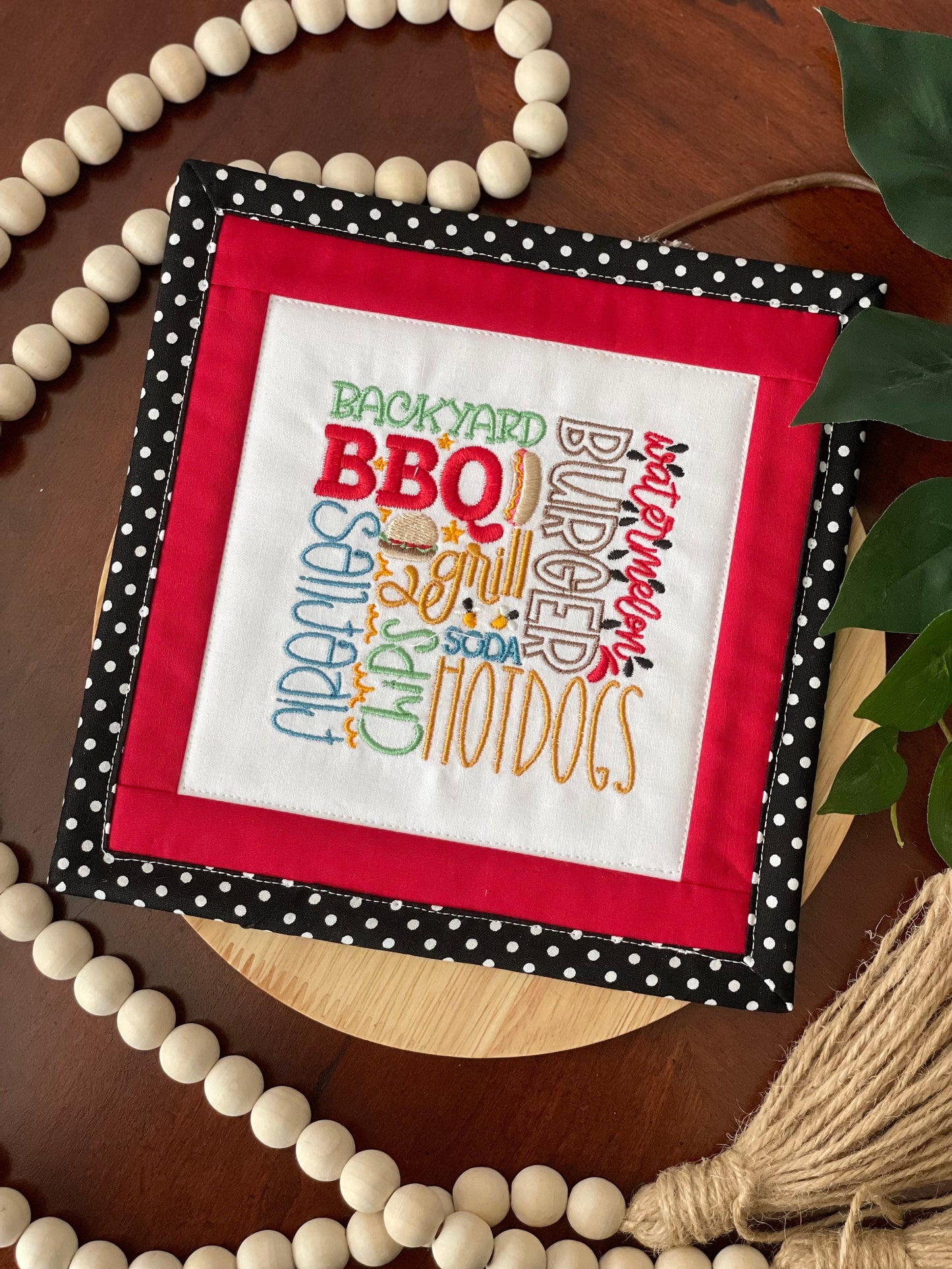 Handmade Summer BBQ Mini Quilt - Backyard Table Runner, Tier Tray, Burgers & Hotdogs Decor