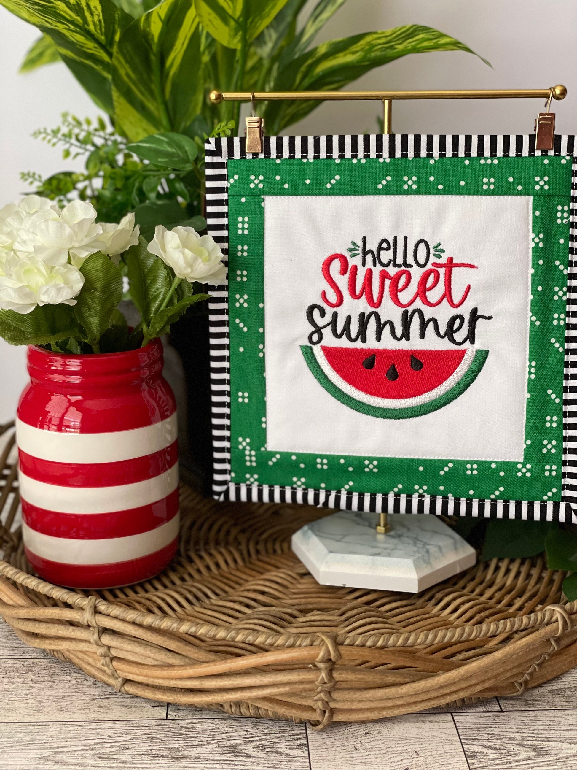 Handmade Summer Fruit Mini Quilt - Watermelon Tabletop and Tier Tray Decor