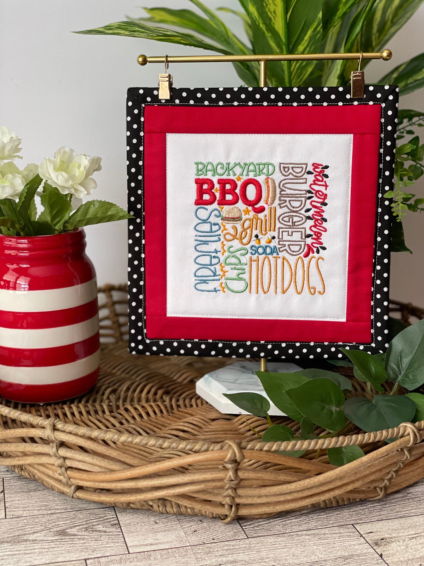 Handmade Summer BBQ Mini Quilt - Backyard Table Runner, Tier Tray, Burgers & Hotdogs Decor