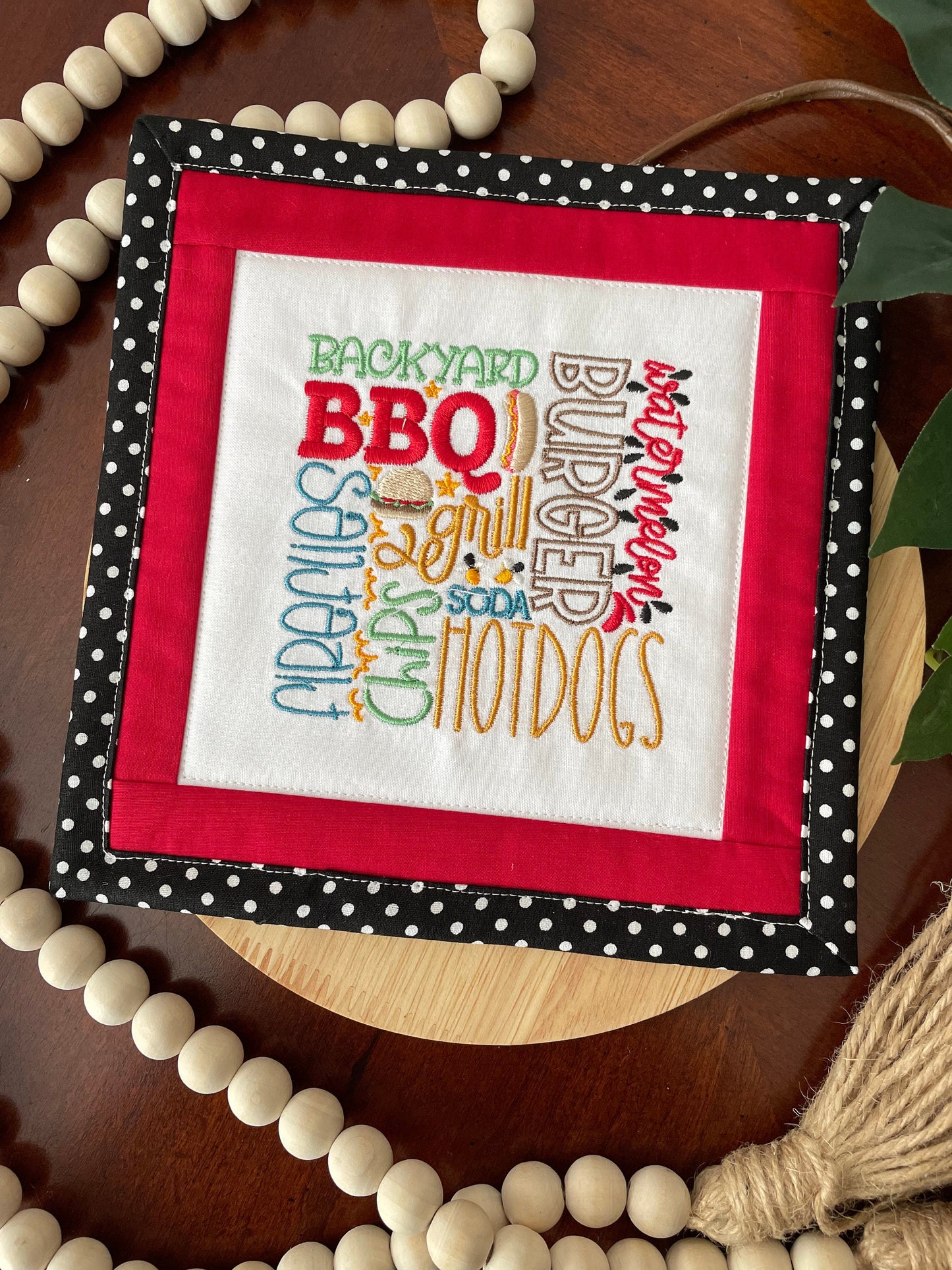 Handmade Summer BBQ Mini Quilt - Backyard Table Runner, Tier Tray, Burgers & Hotdogs Decor