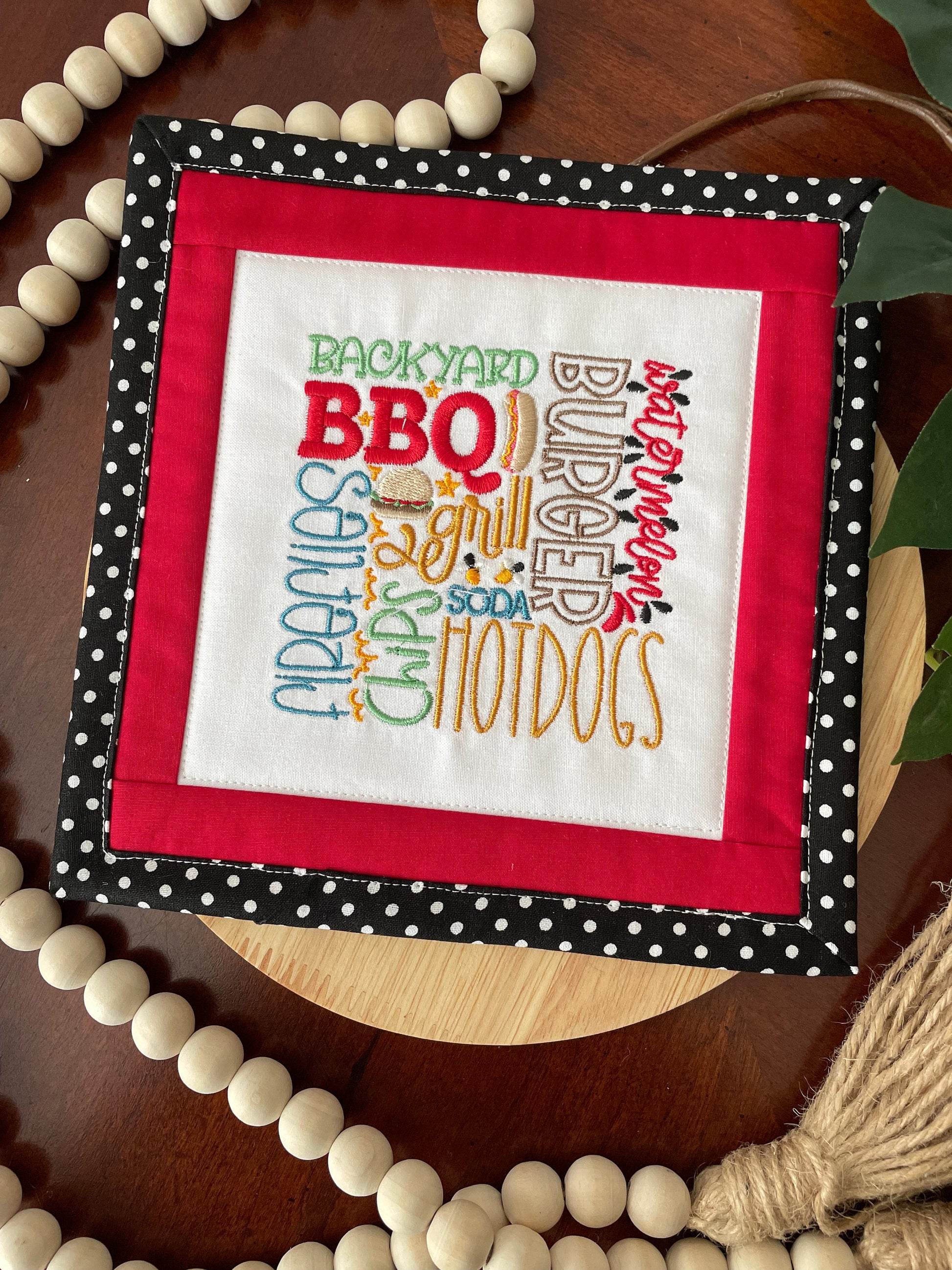 Handmade Summer BBQ Mini Quilt - Backyard Table Runner, Tier Tray, Burgers & Hotdogs Decor