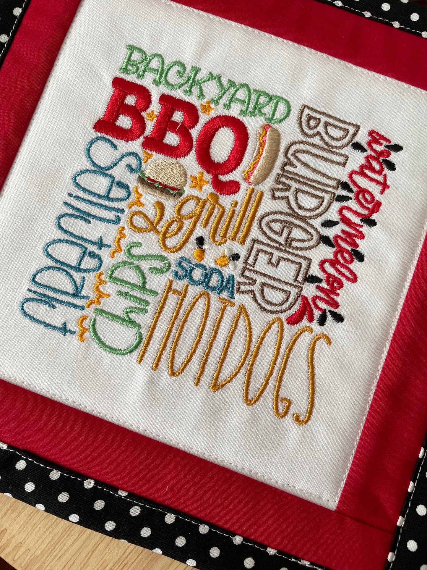 Handmade Summer BBQ Mini Quilt - Backyard Table Runner, Tier Tray, Burgers & Hotdogs Decor