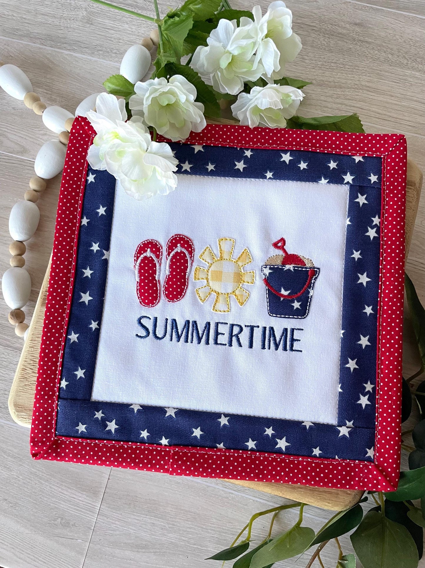 Handmade Mini Summer Quilt – Appliquéd Flip Flops Sun Sand Pail Bucket