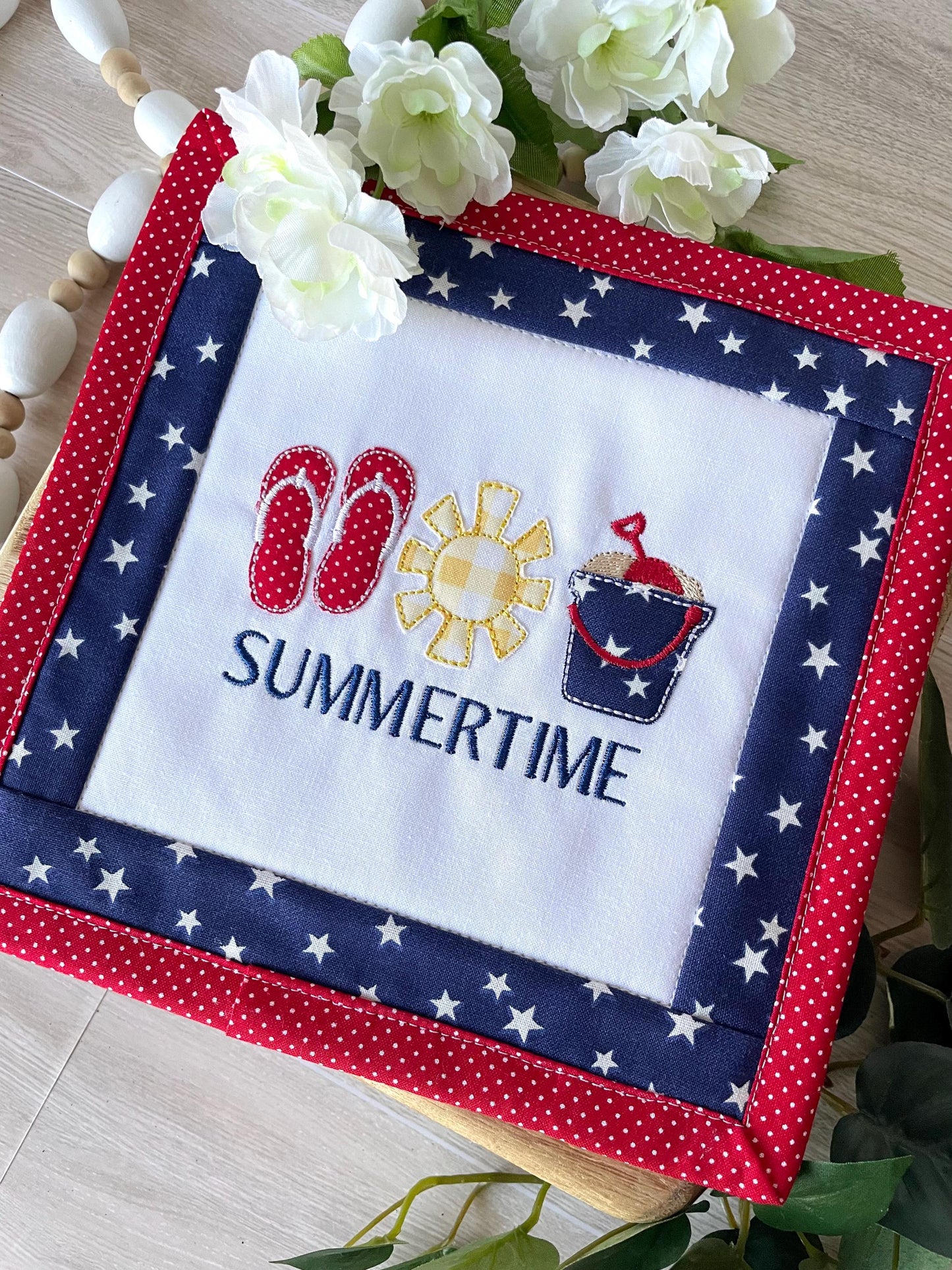 Handmade Mini Summer Quilt – Appliquéd Flip Flops Sun Sand Pail Bucket