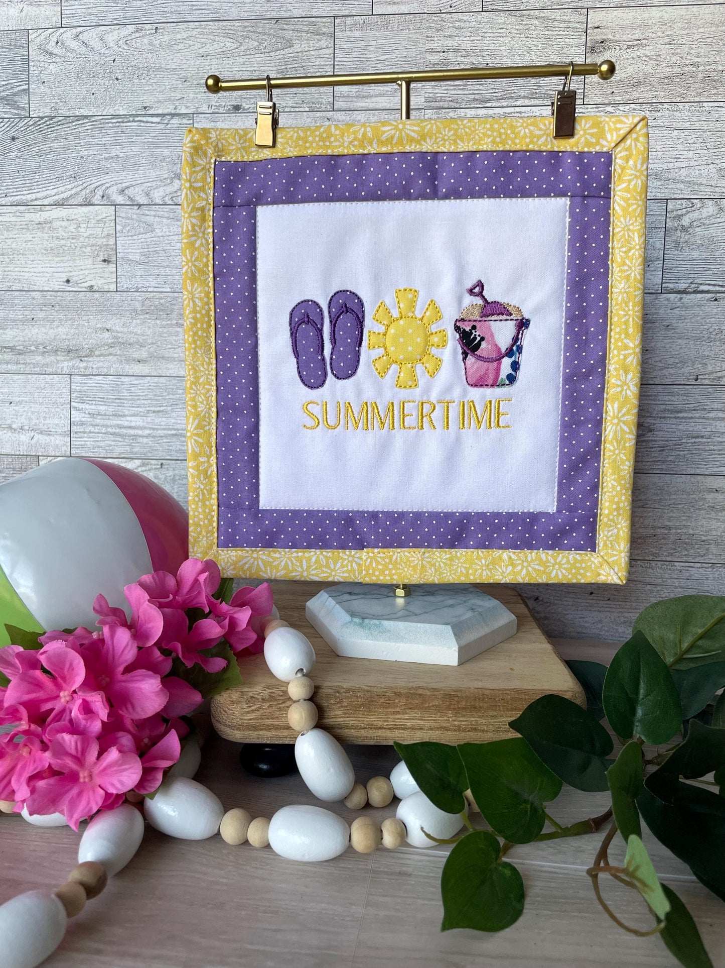 Handmade Mini Summer Quilt – Appliquéd Flip Flops Sun Sand Pail Bucket