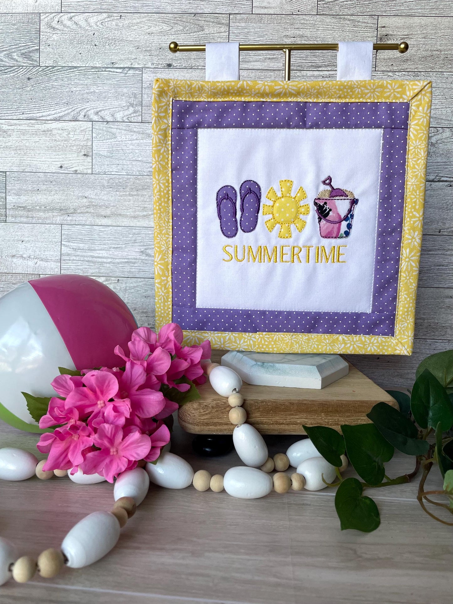 Handmade Mini Summer Quilt – Appliquéd Flip Flops Sun Sand Pail Bucket