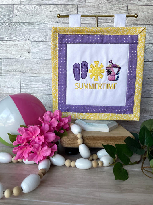 Handmade Mini Summer Quilt – Appliquéd Flip Flops Sun Sand Pail Bucket