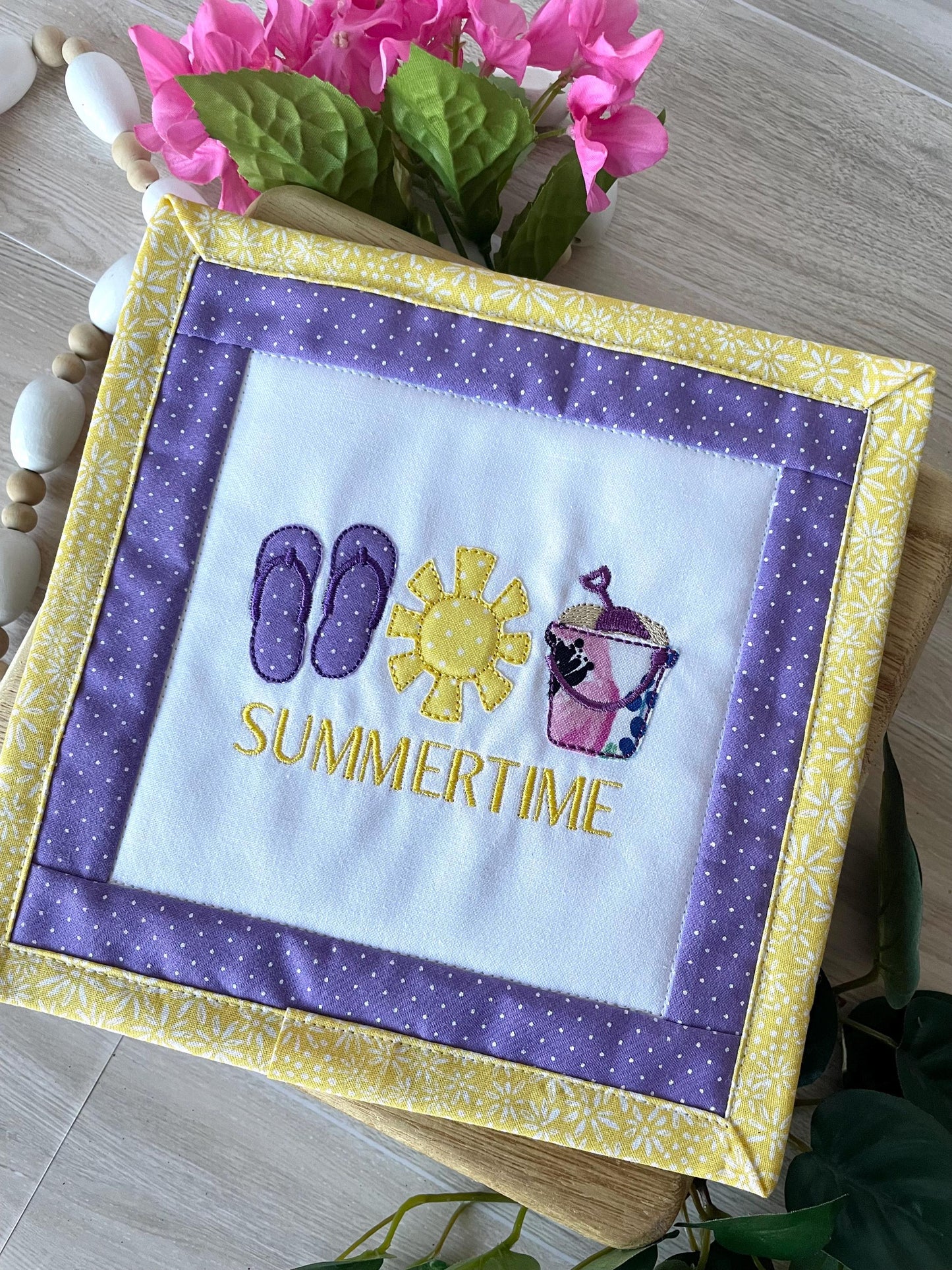 Handmade Mini Summer Quilt – Appliquéd Flip Flops Sun Sand Pail Bucket