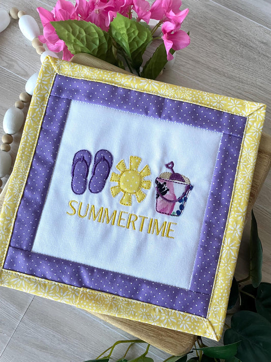 Handmade Mini Summer Quilt – Appliquéd Flip Flops Sun Sand Pail Bucket