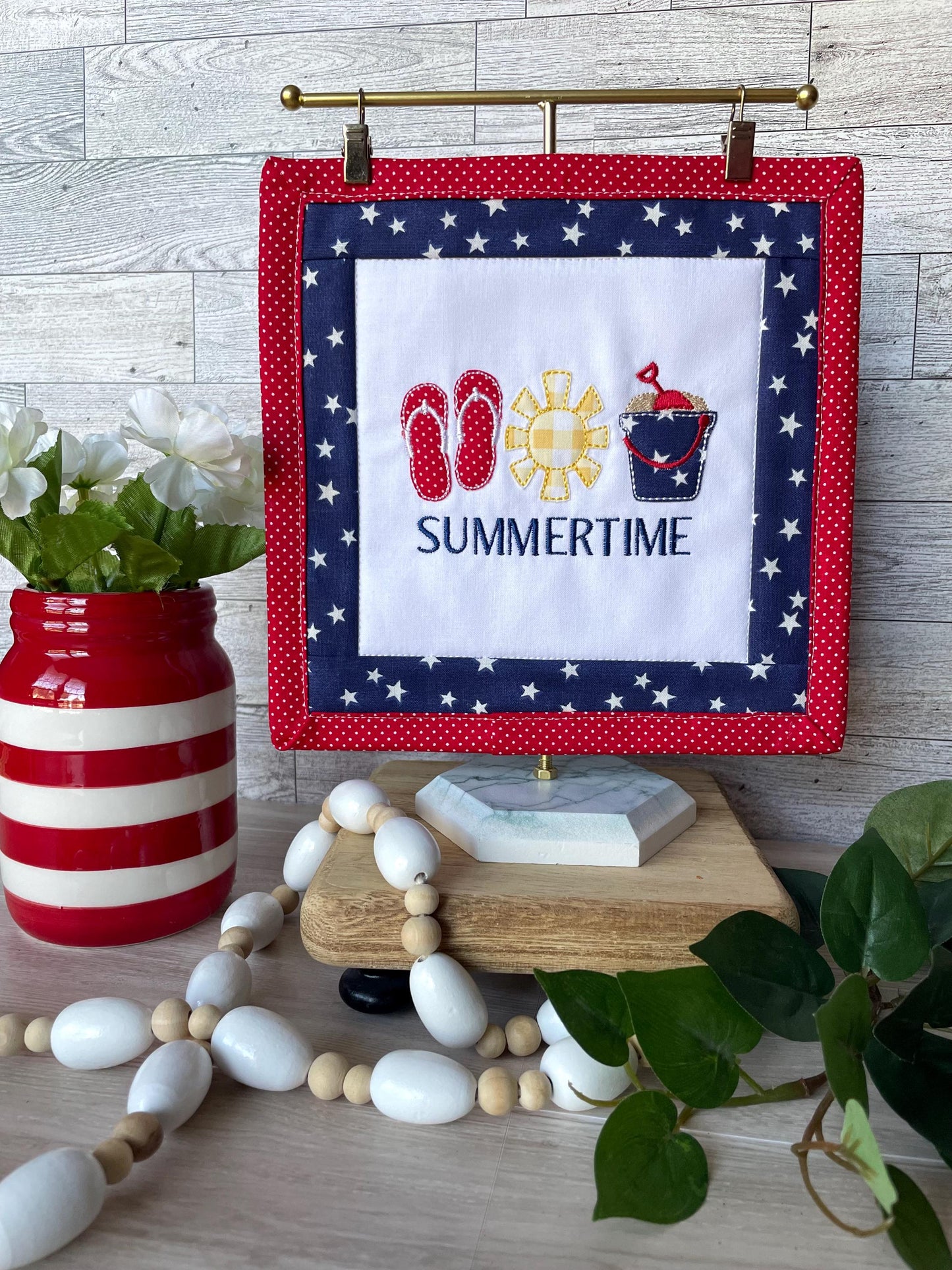 Handmade Mini Summer Quilt – Appliquéd Flip Flops Sun Sand Pail Bucket
