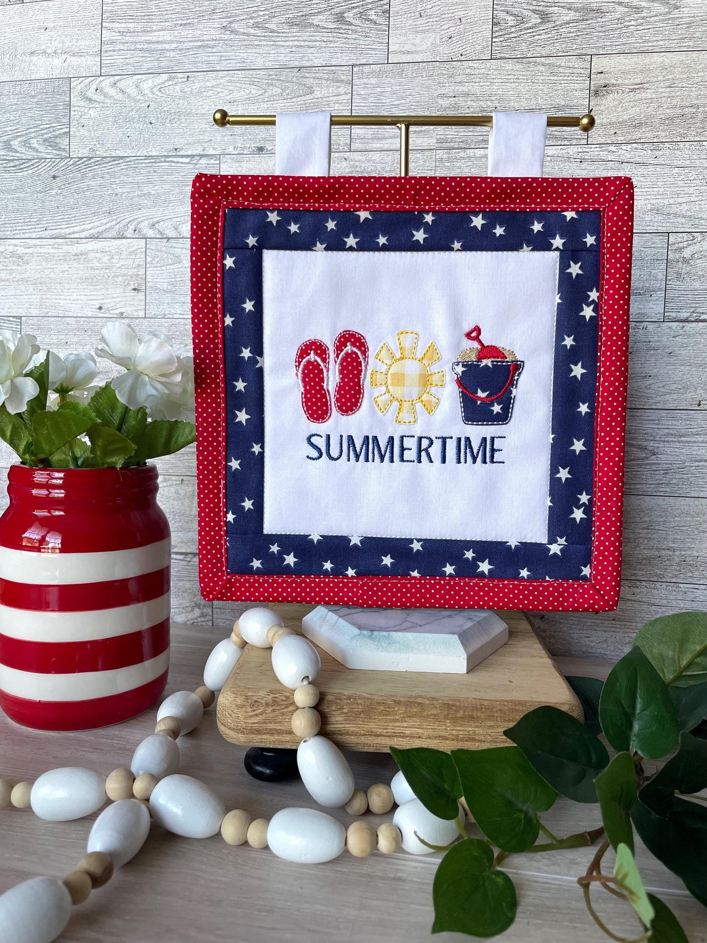 Handmade Mini Summer Quilt – Appliquéd Flip Flops Sun Sand Pail Bucket