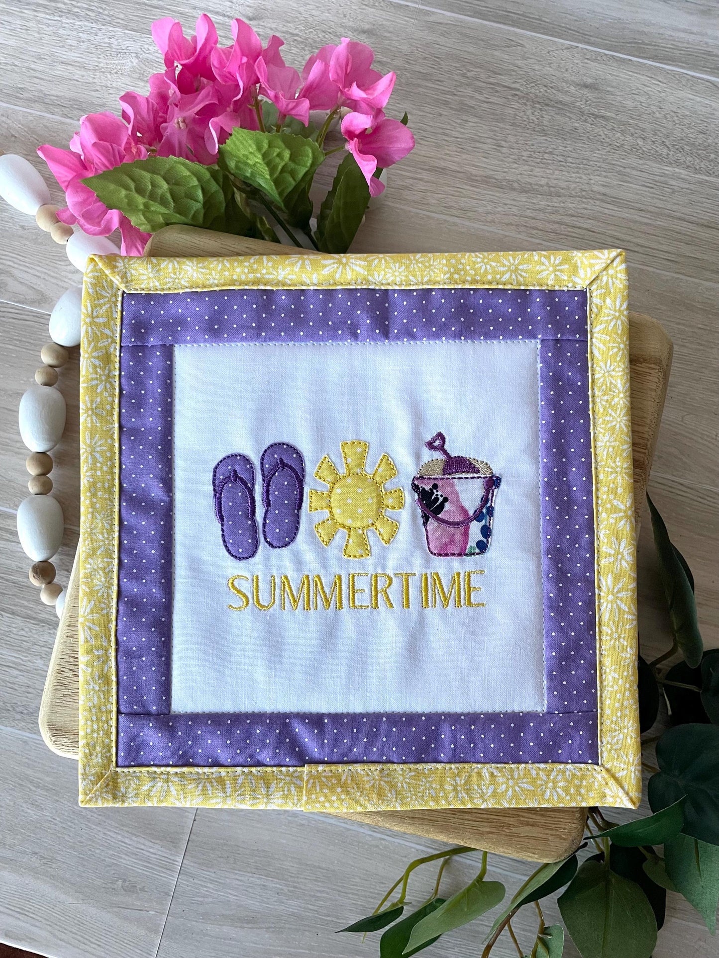 Handmade Mini Summer Quilt – Appliquéd Flip Flops Sun Sand Pail Bucket