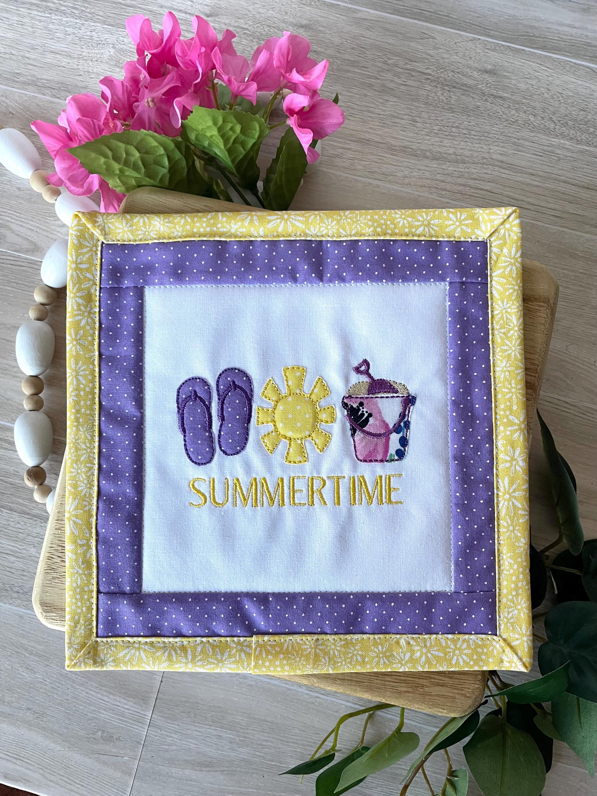 Handmade Mini Summer Quilt – Appliquéd Flip Flops Sun Sand Pail Bucket