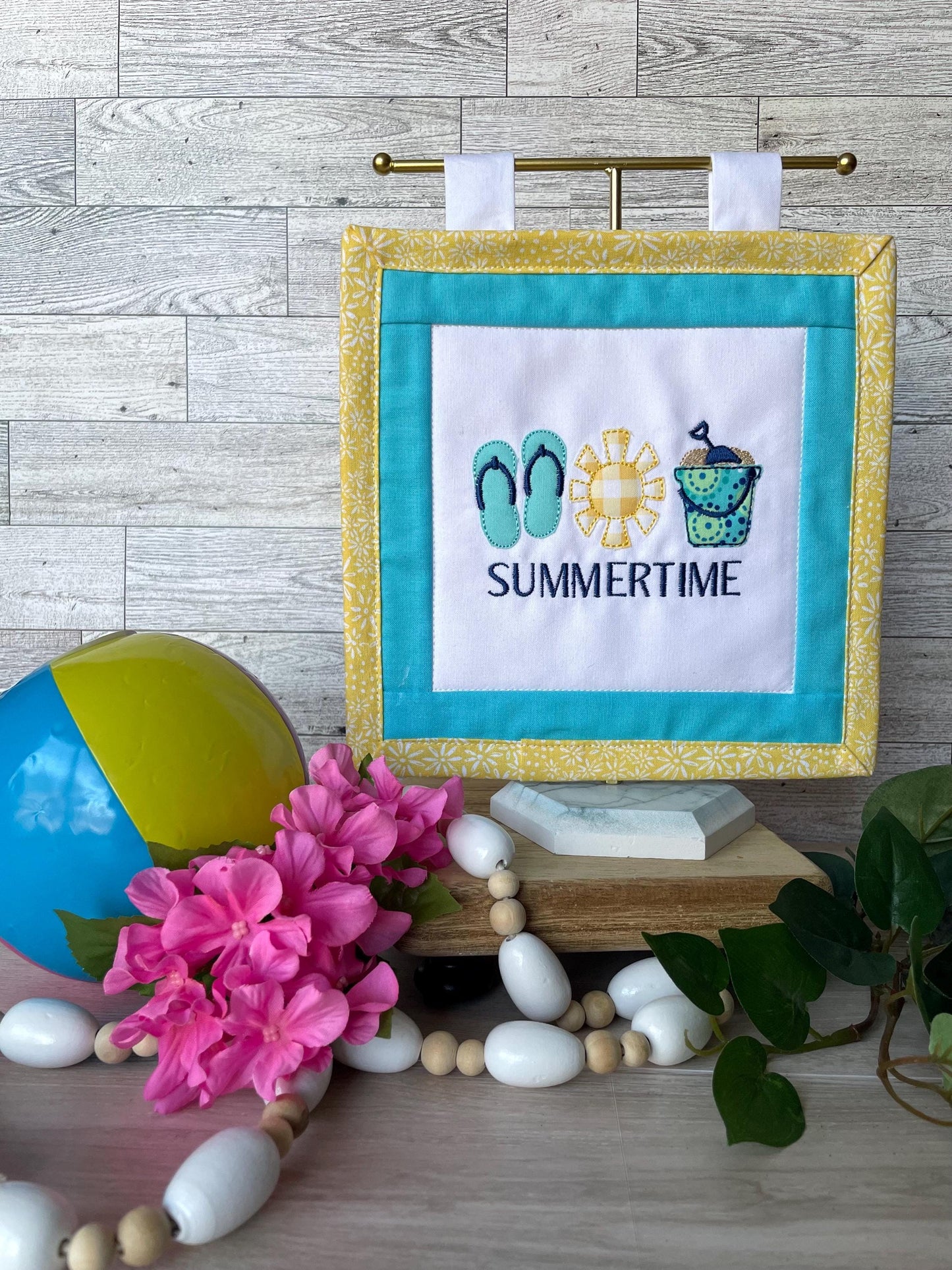 Handmade Mini Summer Quilt – Appliquéd Flip Flops Sun Sand Pail Bucket