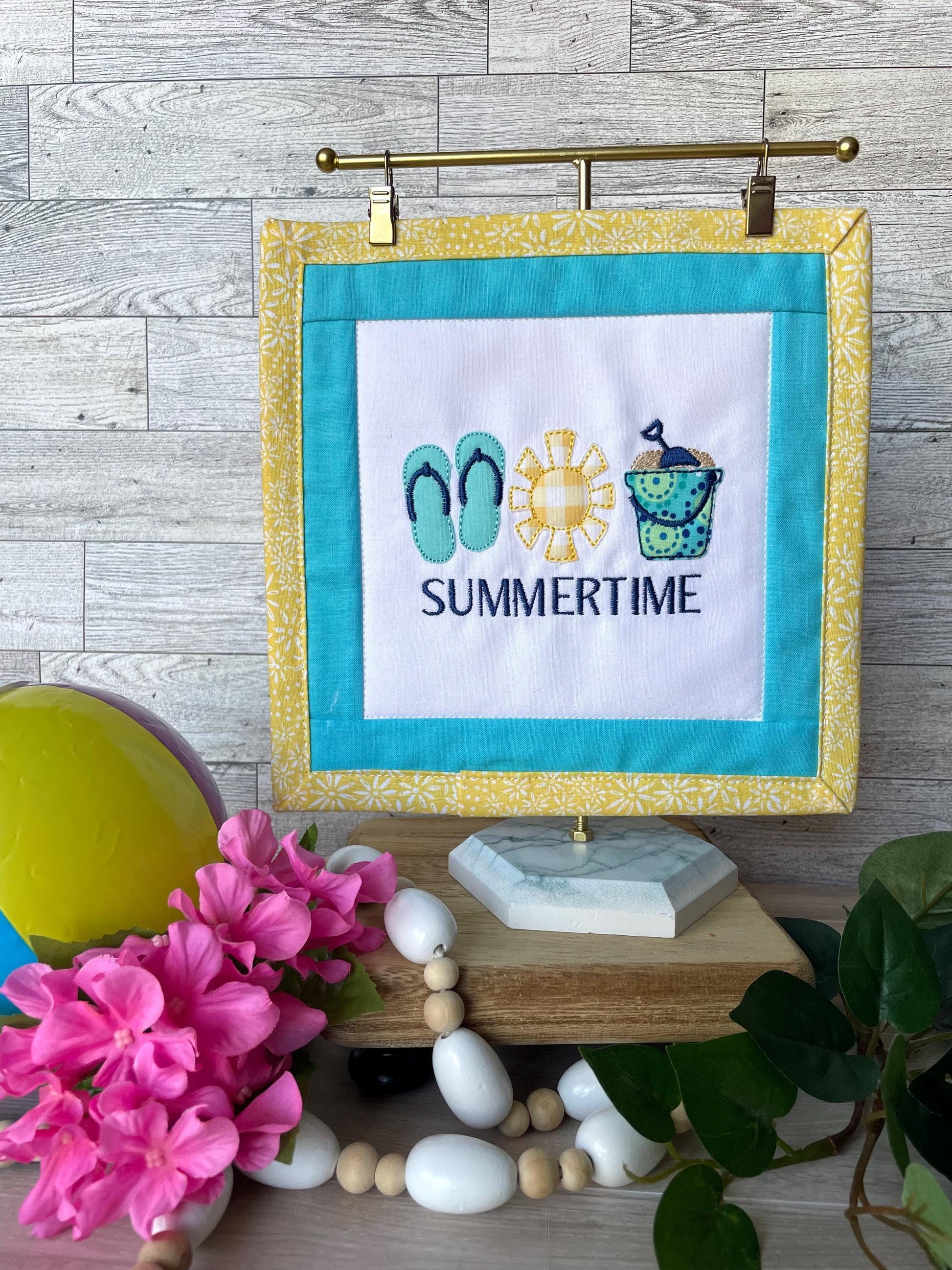 Handmade Mini Summer Quilt – Appliquéd Flip Flops Sun Sand Pail Bucket