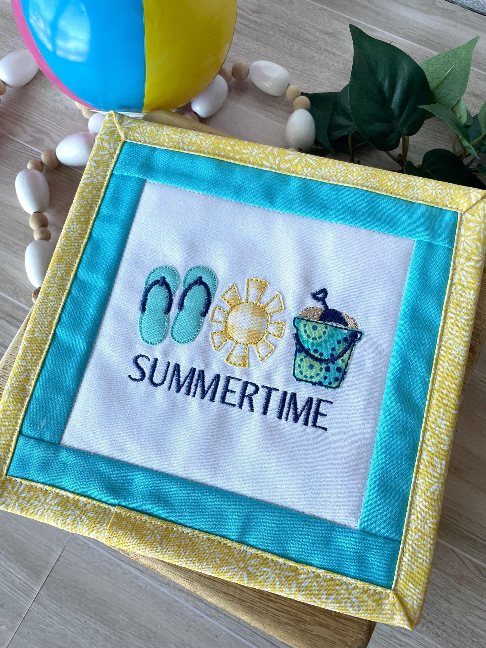Handmade Mini Summer Quilt – Appliquéd Flip Flops Sun Sand Pail Bucket