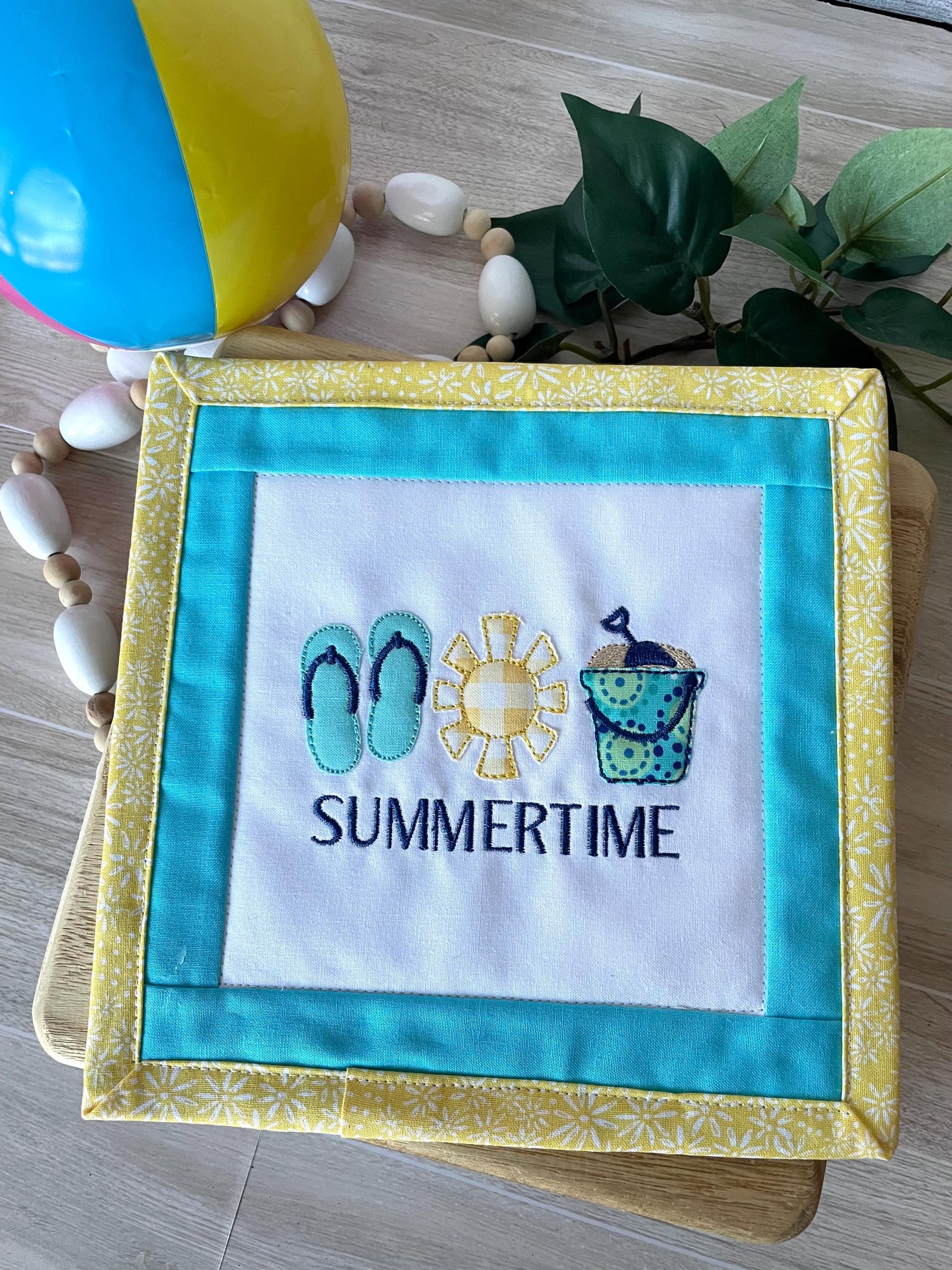 Handmade Mini Summer Quilt – Appliquéd Flip Flops Sun Sand Pail Bucket