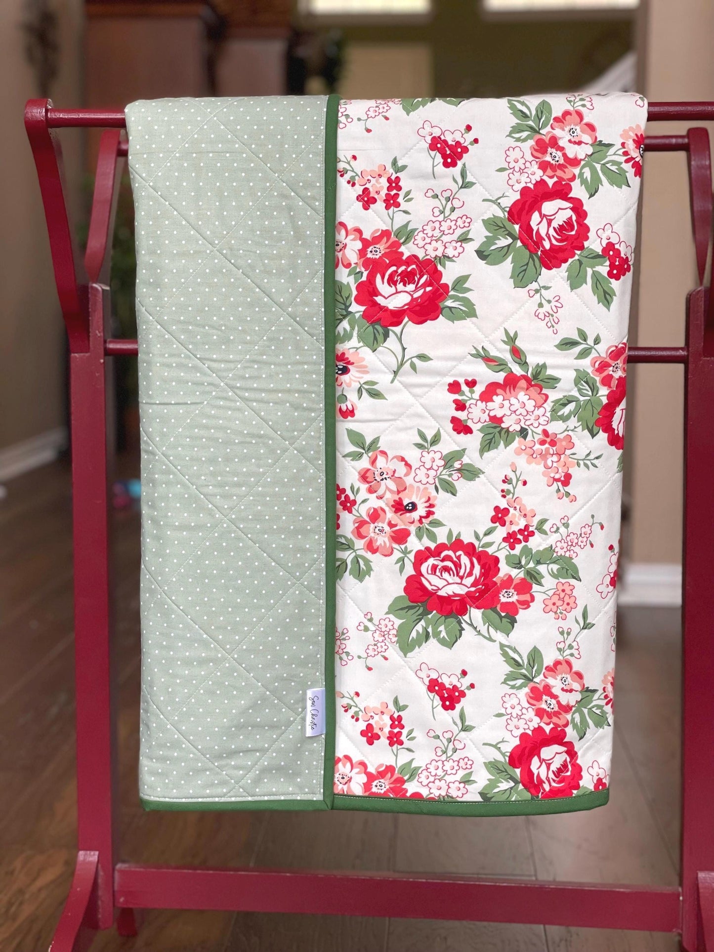 Handcrafted Floral & Polka Dot Whole Cloth Baby Quilt: Crib Blanket for Nursery Comfort