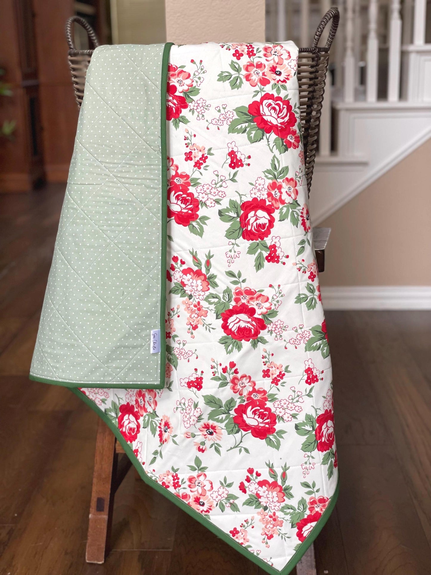 Handcrafted Floral & Polka Dot Whole Cloth Baby Quilt: Crib Blanket for Nursery Comfort