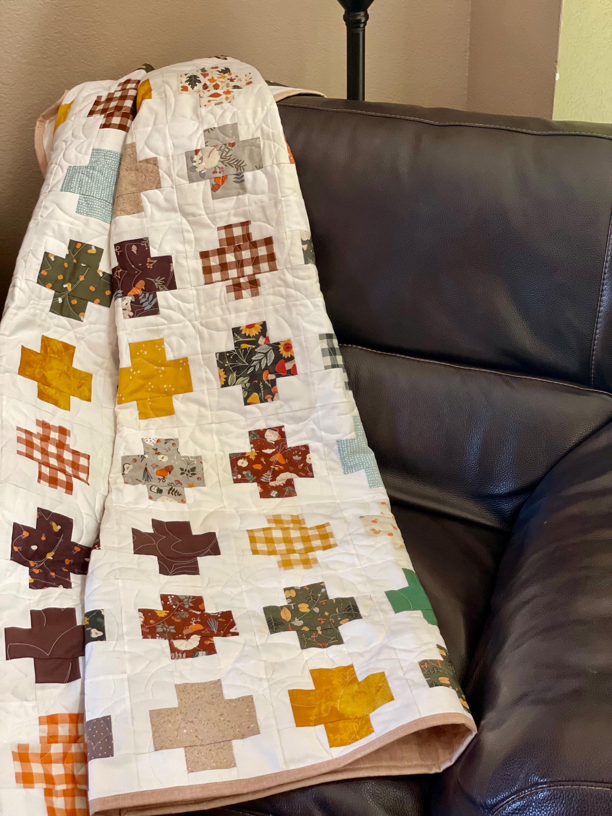 Handmade Autumn Patchwork Throw Quilt: Riley Blake Fabric with Fall Leaves Design