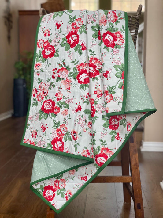 Handcrafted Floral & Polka Dot Whole Cloth Baby Quilt: Crib Blanket for Nursery Comfort
