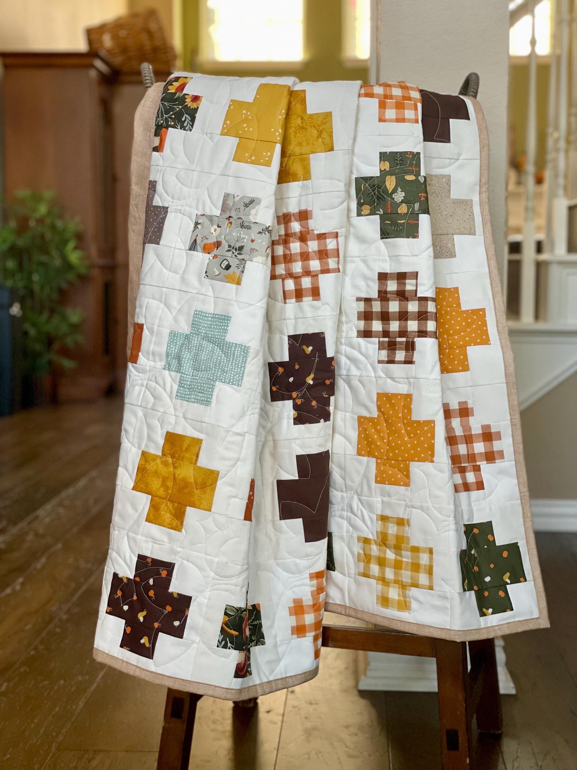 Handmade Autumn Patchwork Throw Quilt: Riley Blake Fabric with Fall Leaves Design