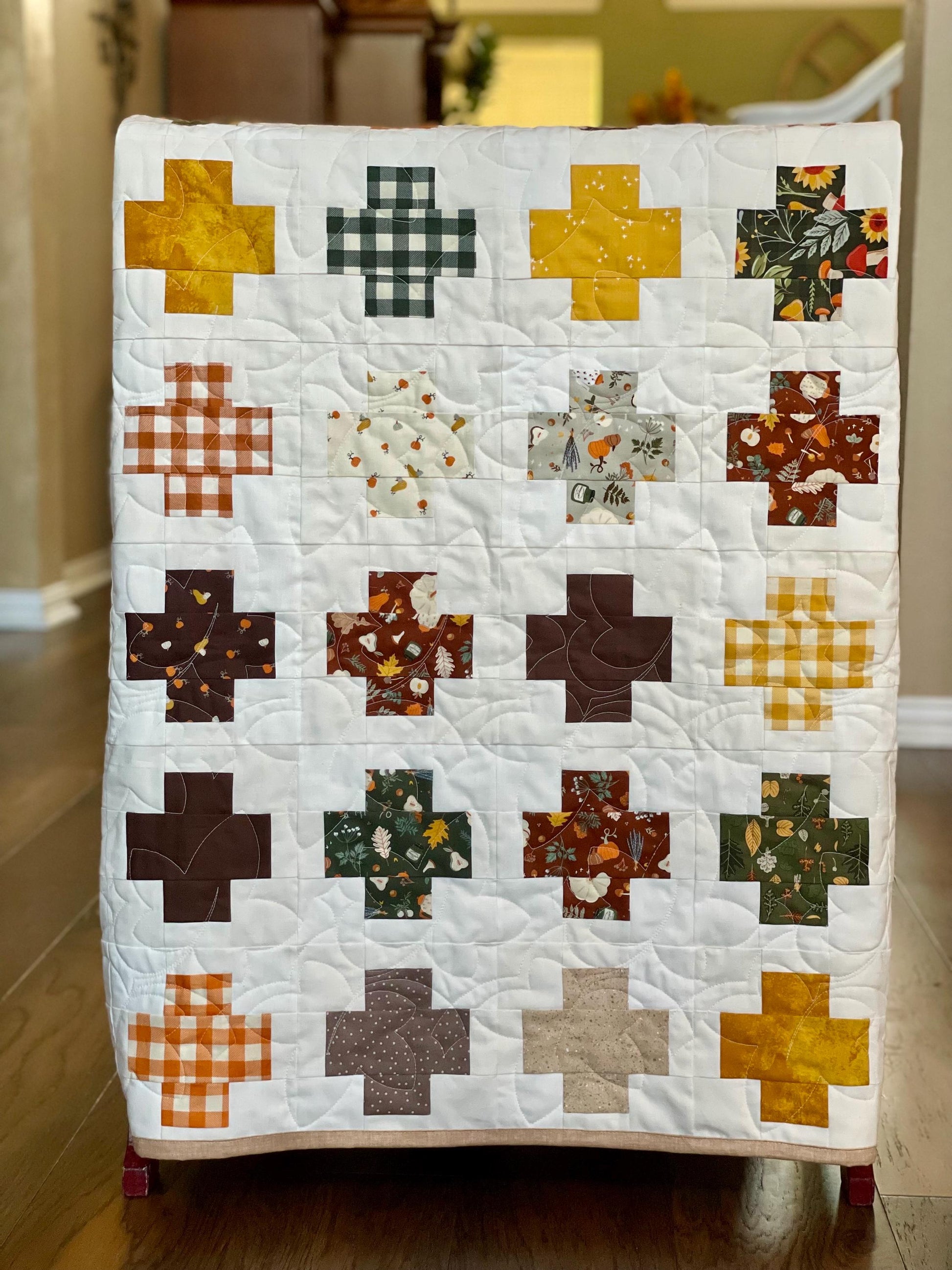Handmade Autumn Patchwork Throw Quilt: Riley Blake Fabric with Fall Leaves Design
