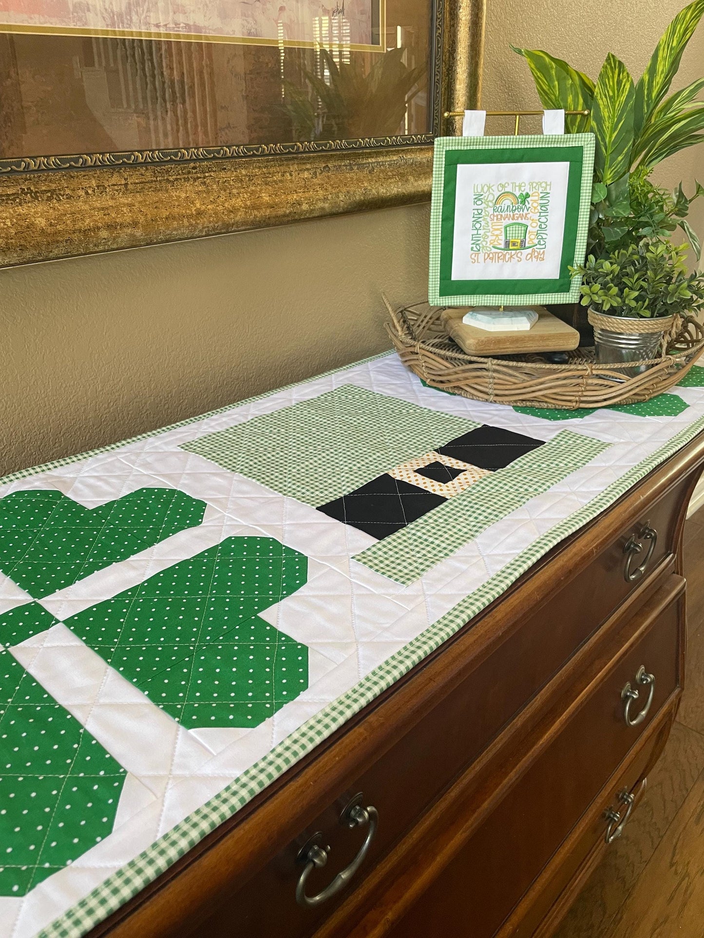 St. Patrick’s Day Runner 47"x17.5" – Luck of the Irish Quilted Shamrock