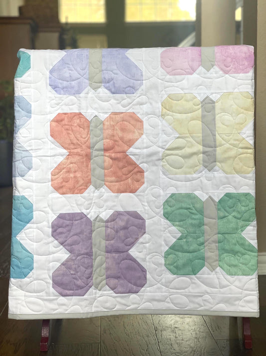 Handmade Throw Quilt - Butterfly Sky - Soft Pastel colors 52" x 59"