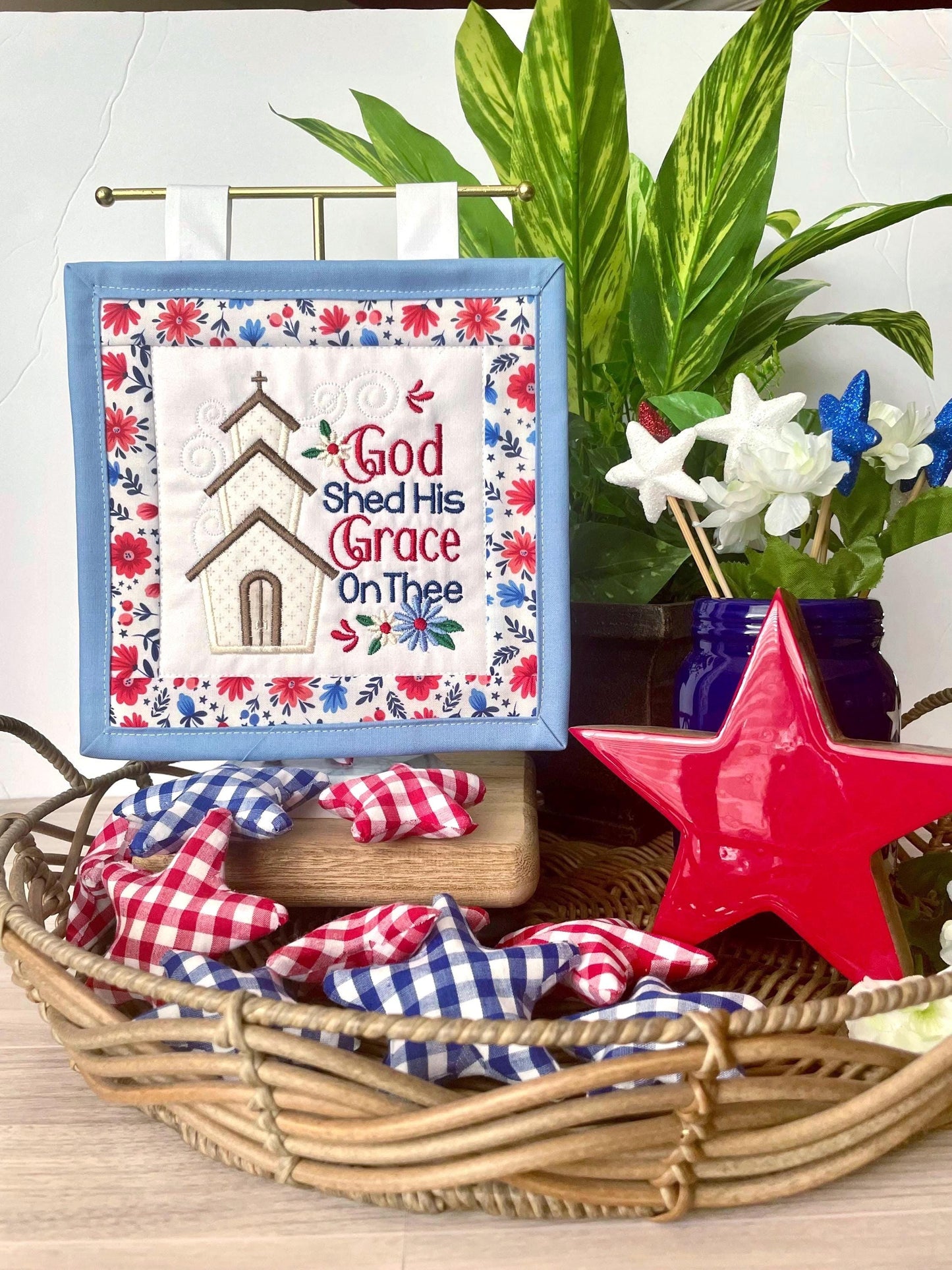 Patriotic Mini Quilt Wall Hanging | Appliqué Church, Red White Blue Americana Decor