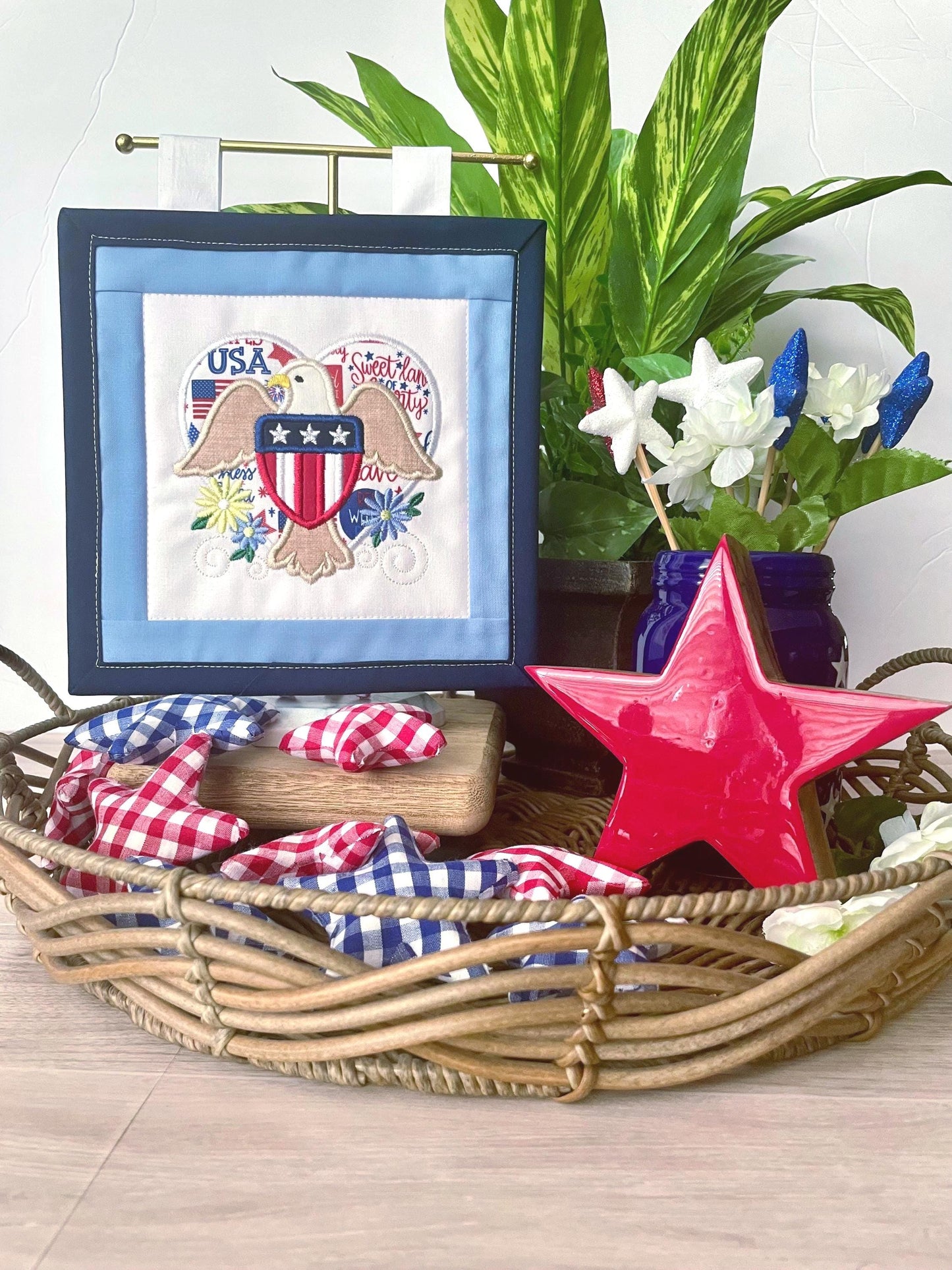 Patriotic Mini Quilt Wall Hanging | Appliquéd American Eagle, Flag Shield, Heart Decor