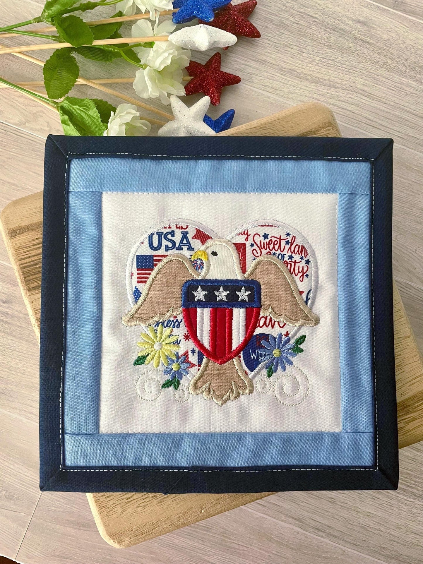 Patriotic Mini Quilt Wall Hanging | Appliquéd American Eagle, Flag Shield, Heart Decor
