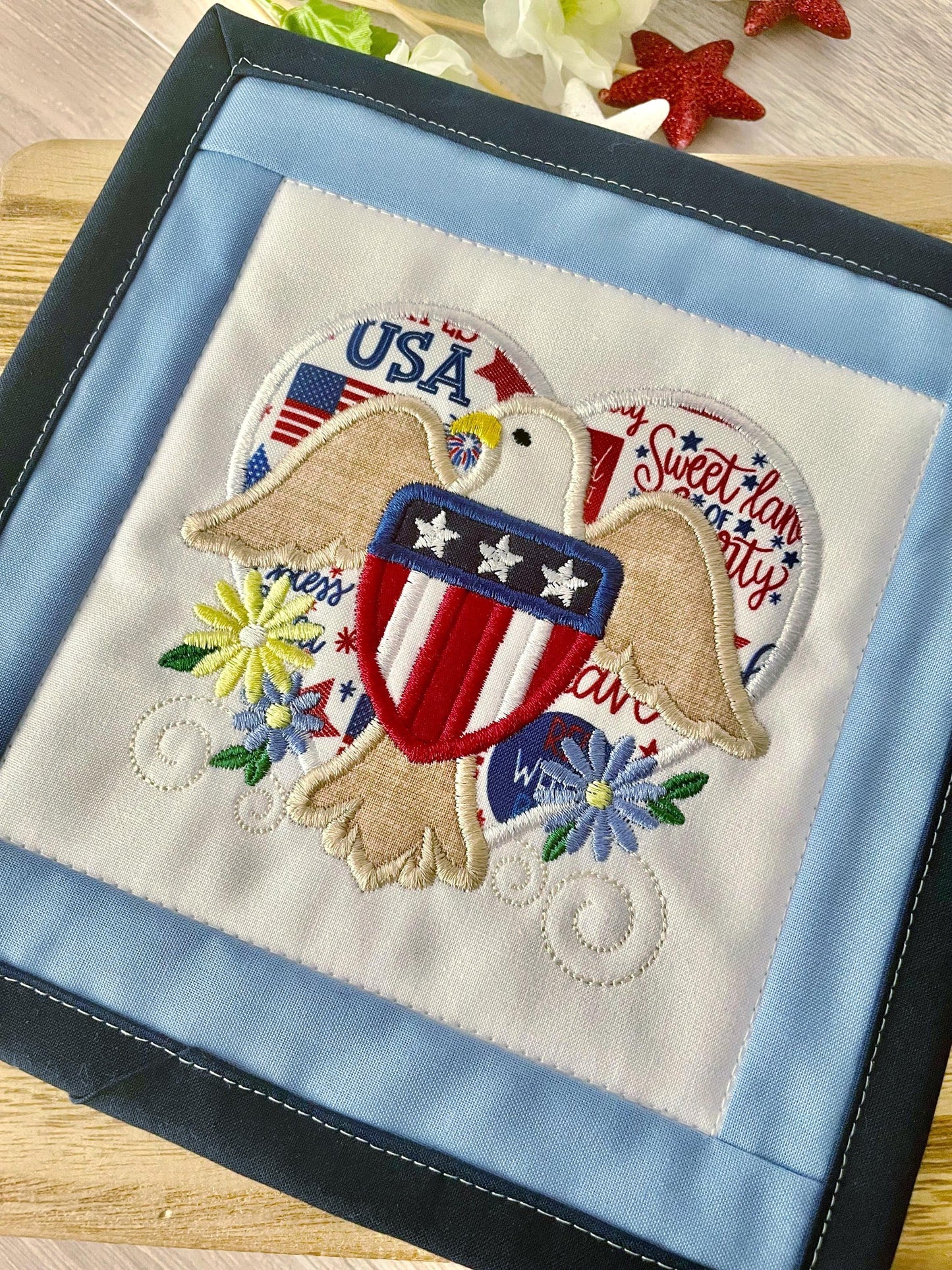 Patriotic Mini Quilt Wall Hanging | Appliquéd American Eagle, Flag Shield, Heart Decor
