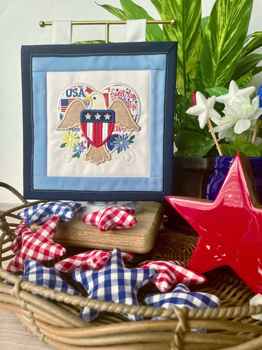 Patriotic Mini Quilt Wall Hanging | Appliquéd American Eagle, Flag Shield, Heart Decor