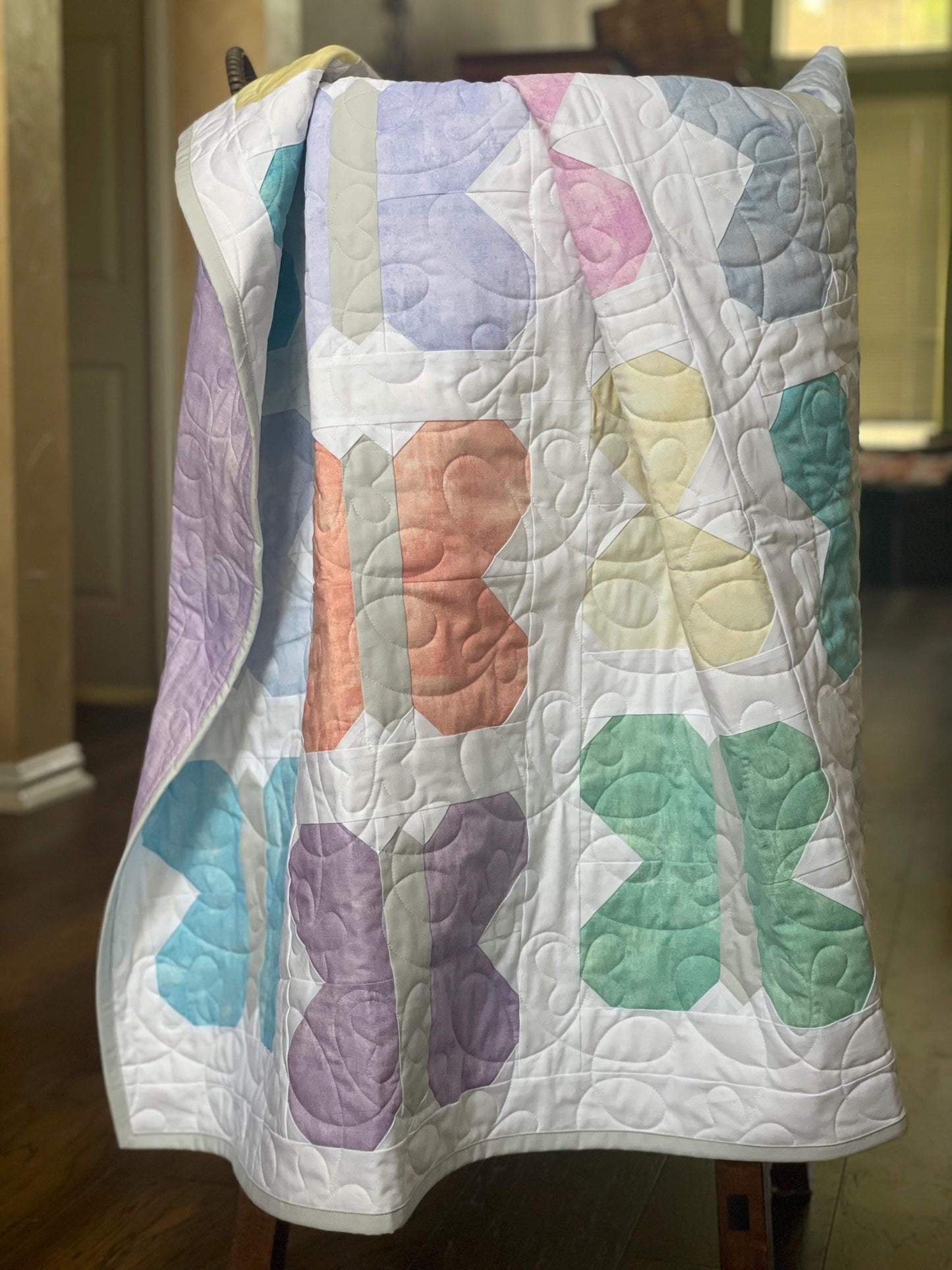 Handmade Throw Quilt - Butterfly Sky - Soft Pastel colors 52" x 59"