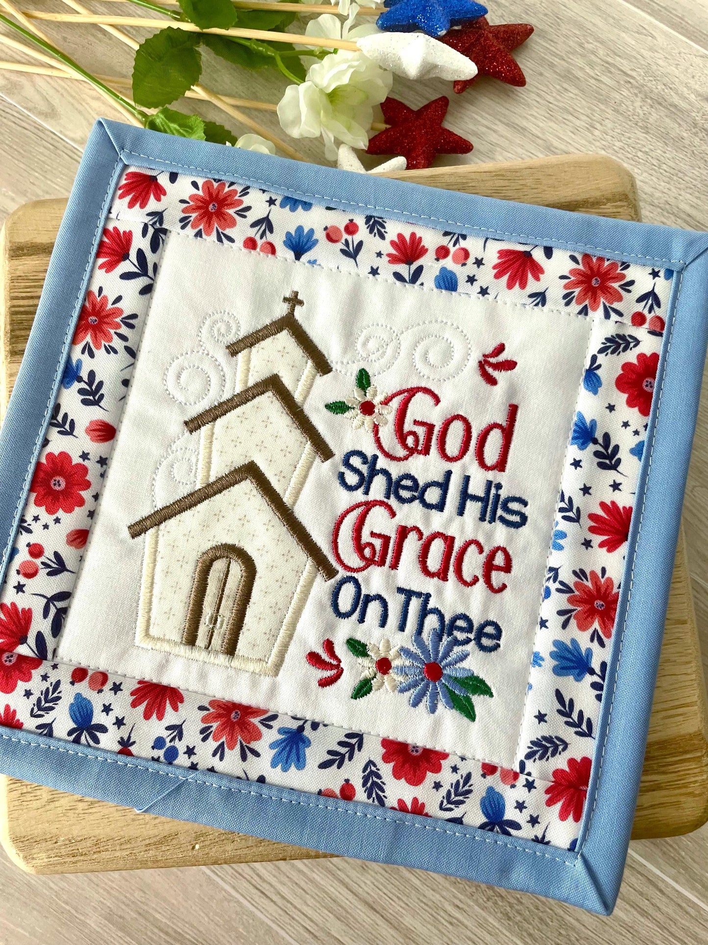 Patriotic Mini Quilt Wall Hanging | Appliqué Church, Red White Blue Americana Decor