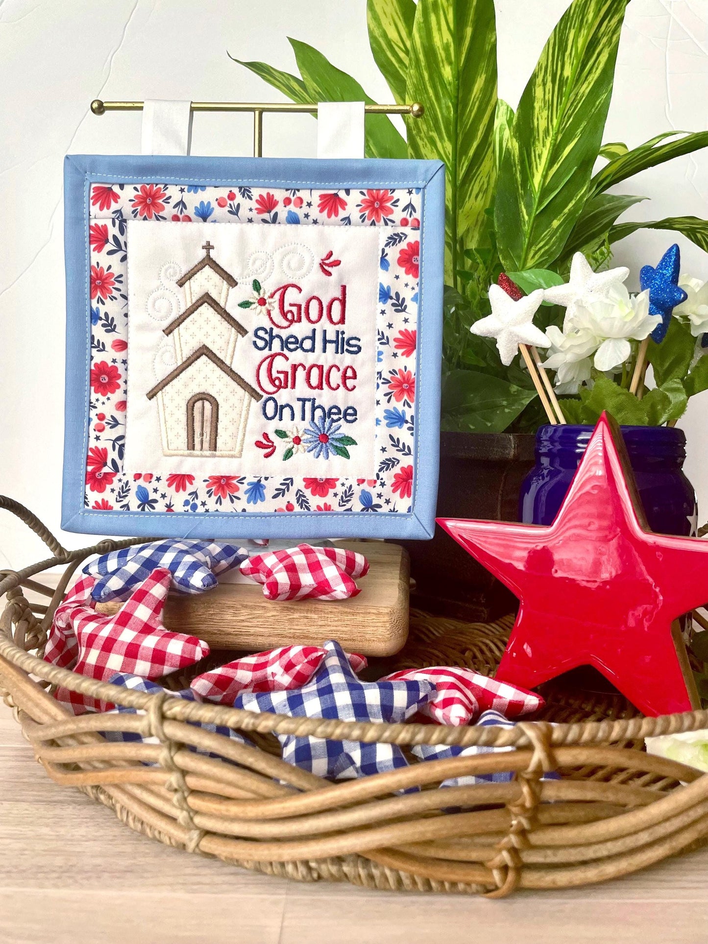 Patriotic Mini Quilt Wall Hanging | Appliqué Church, Red White Blue Americana Decor